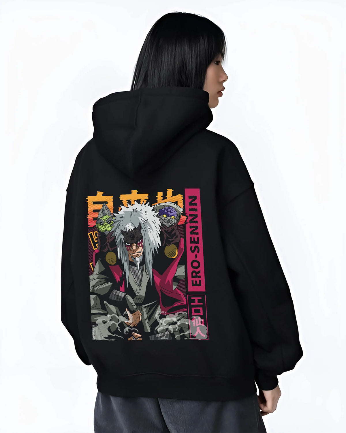Black hoodie female model back view showing Jiraiya, the Toad Sage from Naruto: Naruto