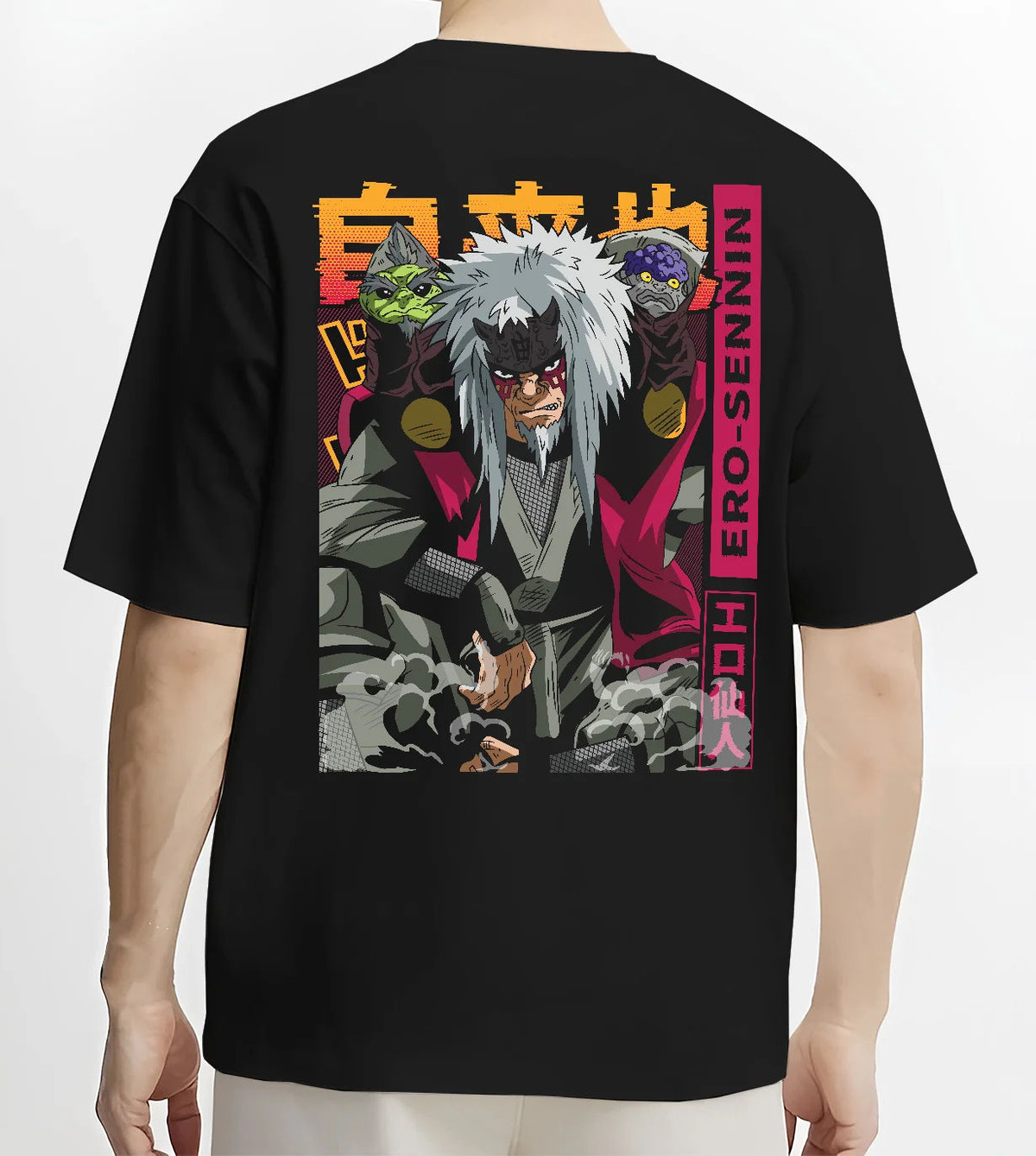 Black T-shirt model back view showing Jiraiya, the Toad Sage from Naruto: Naruto