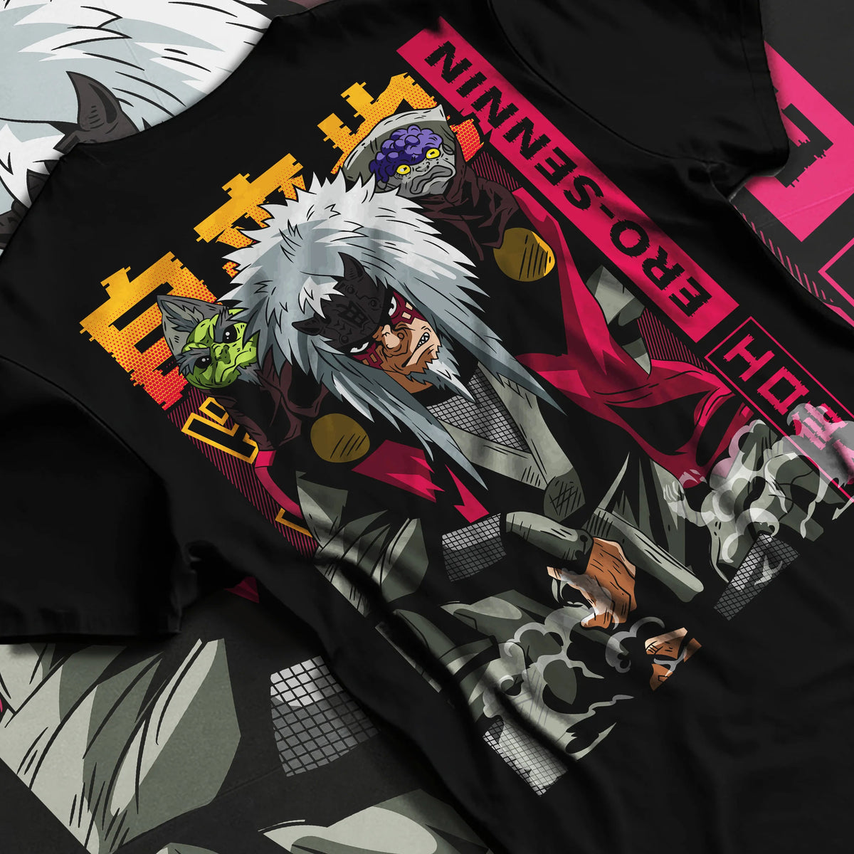 Black T-shirt flat back view showing Jiraiya, the Toad Sage from Naruto: Naruto