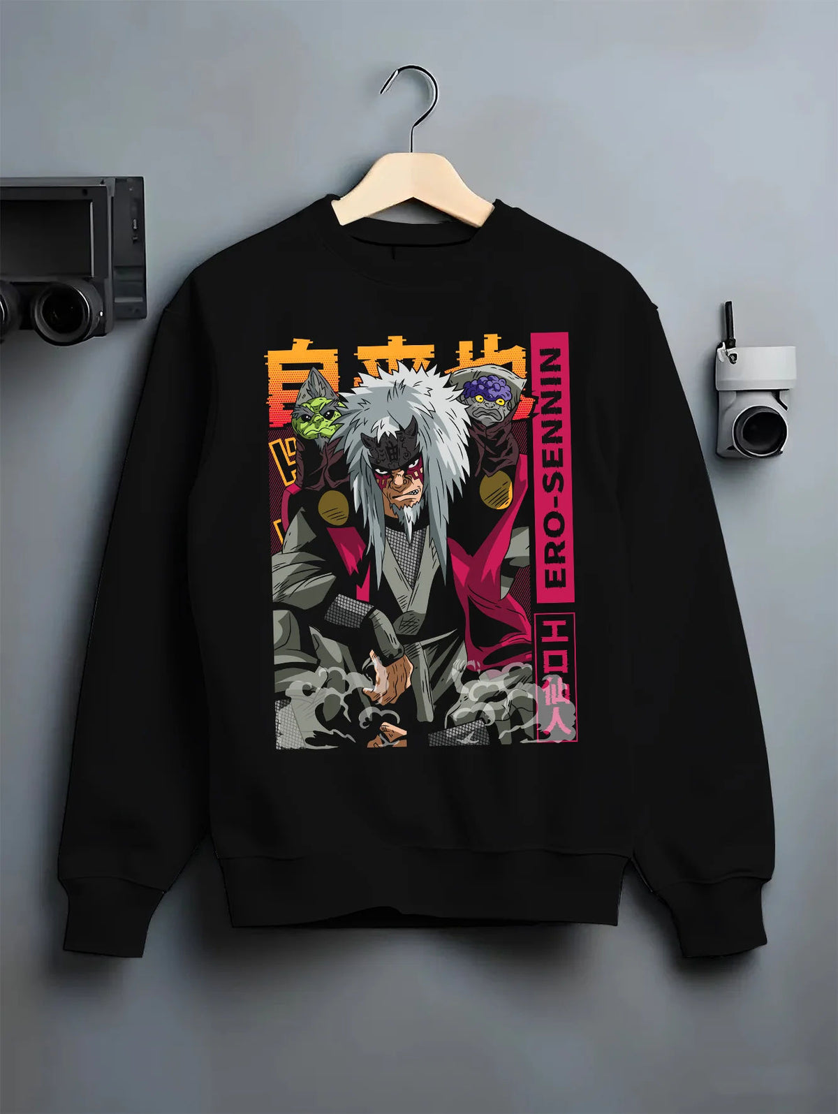 Black crewneck sweatshirt on hanger showing Jiraiya, the Toad Sage from Naruto: Naruto