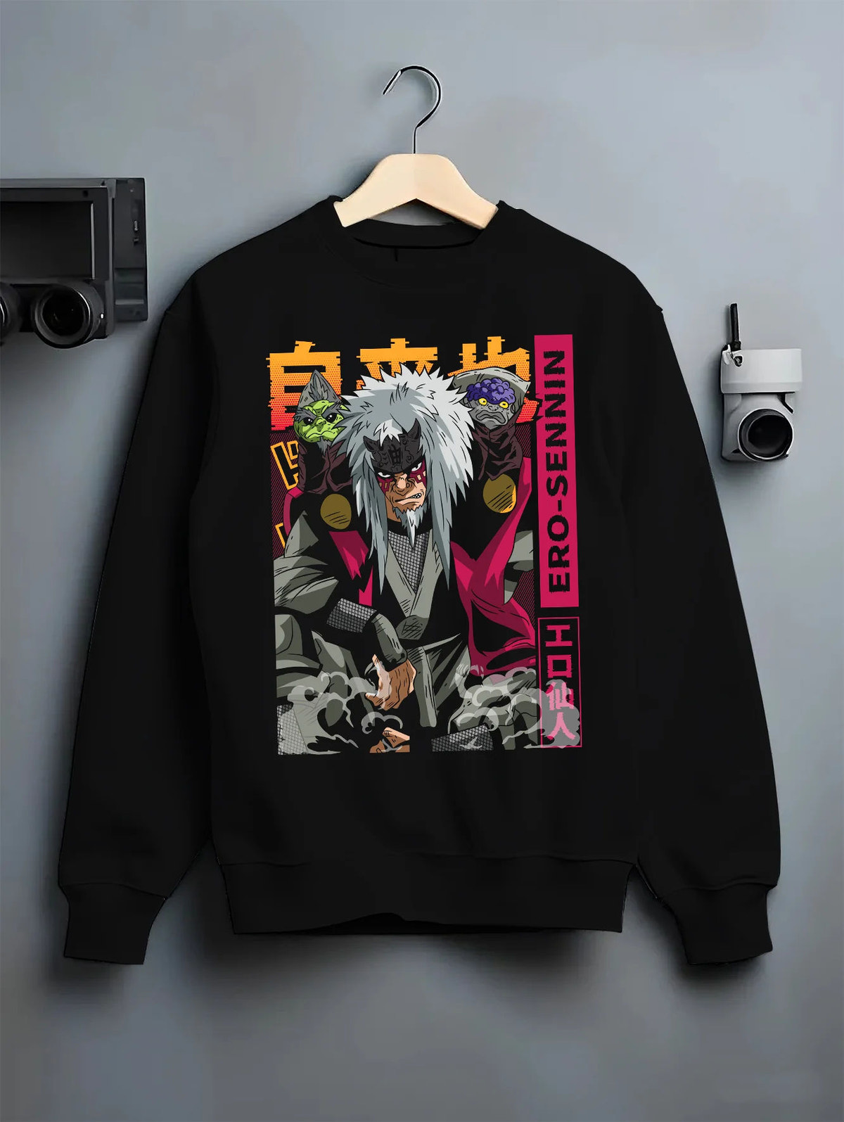 Black crewneck sweatshirt on hanger showing Jiraiya, the Toad Sage from Naruto: Naruto