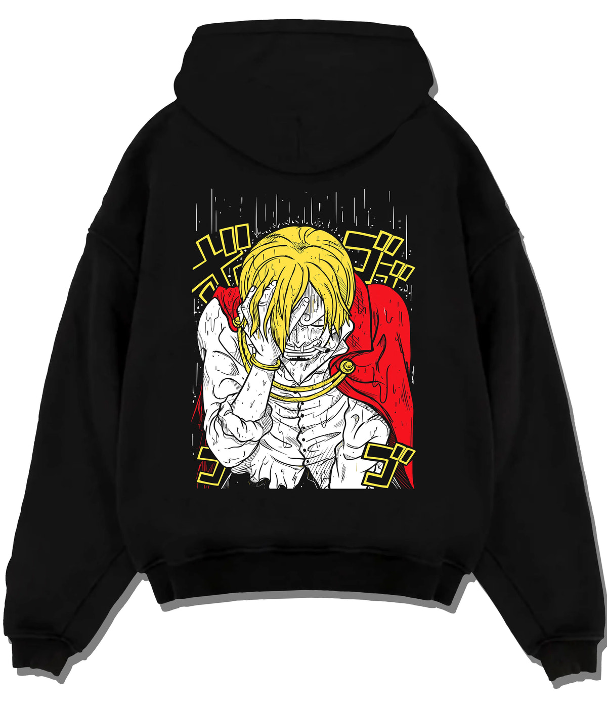 Black hoodie flat back view showing Vinsmoke Sanji from One Piece: blonde portrait in manga style