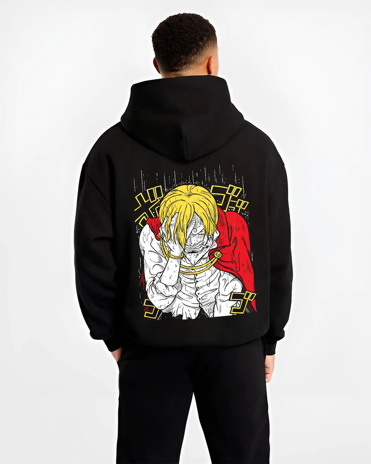 Black hoodie model back view showing Vinsmoke Sanji from One Piece: blonde portrait in manga style