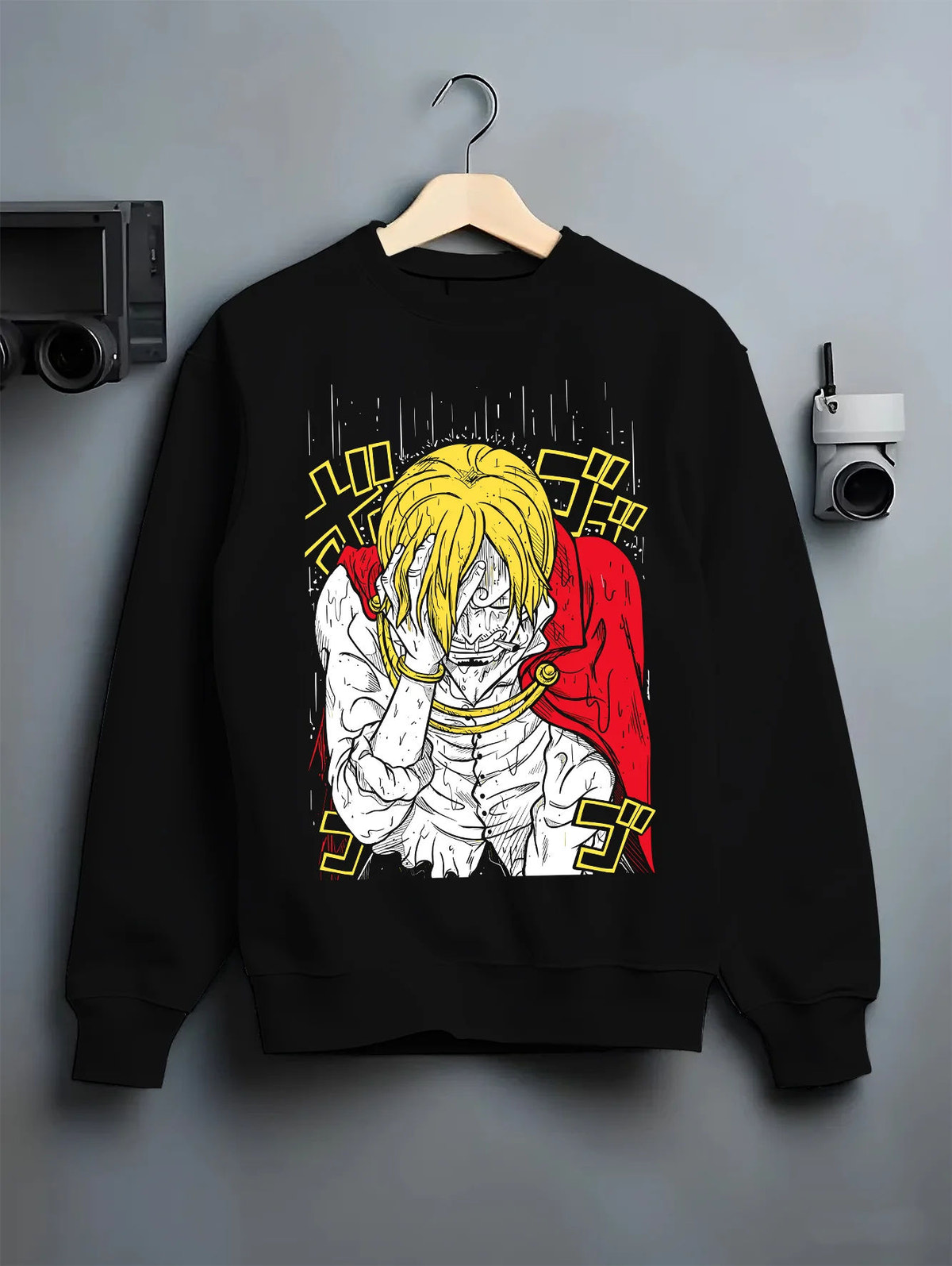 Black crewneck sweatshirt on hanger showing Vinsmoke Sanji from One Piece: blonde portrait in manga style