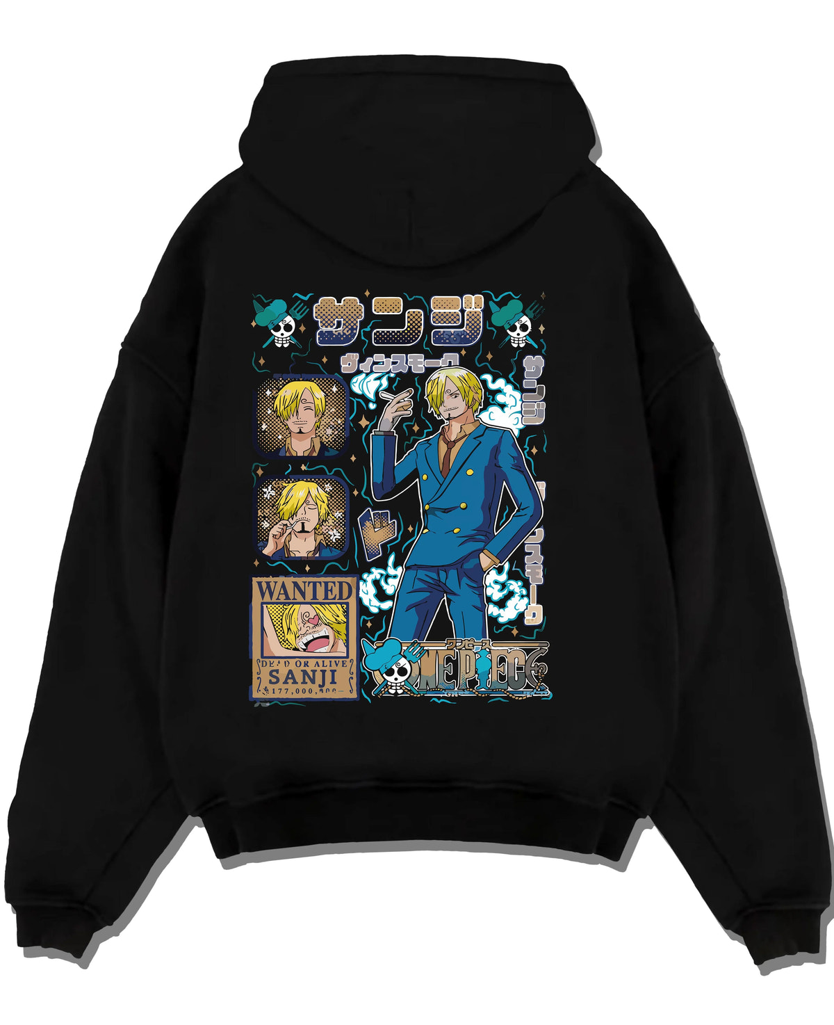 Black hoodie laid flat featuring Sanji smoking wanted poster One Piece artwork.