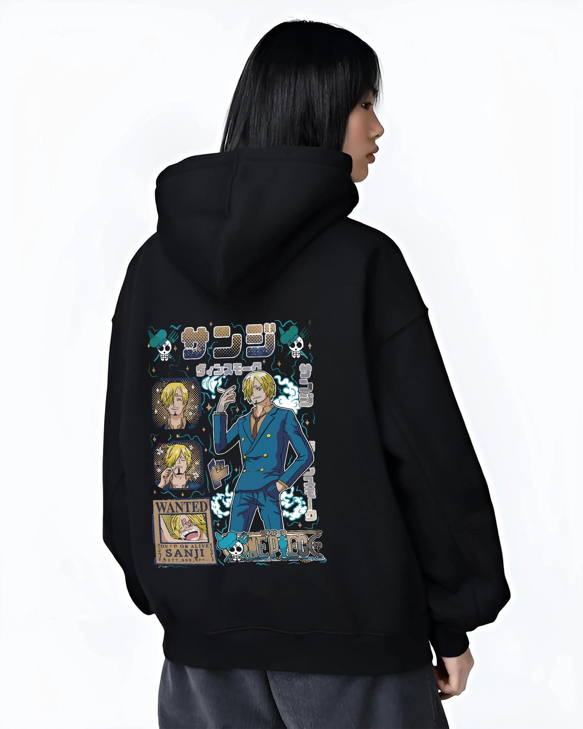 Black hoodie worn by female model from the back featuring Sanji smoking wanted poster One Piece artwork.