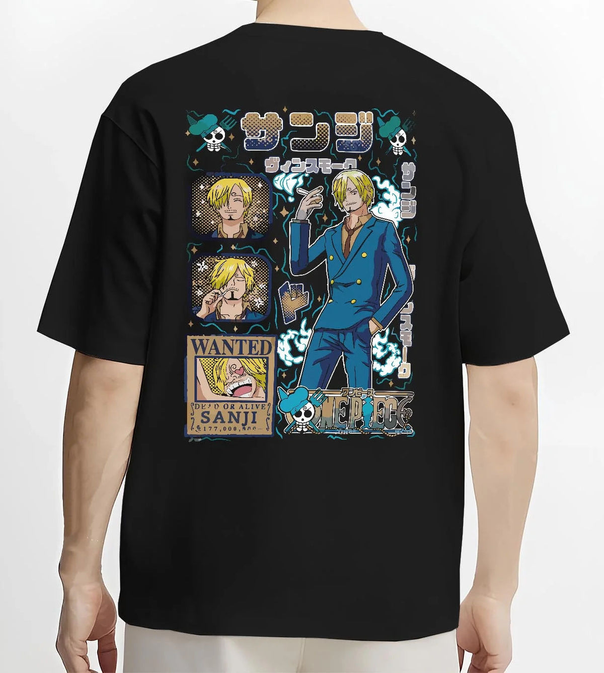 Black T-shirt worn by male model from the back featuring Sanji smoking wanted poster One Piece artwork.