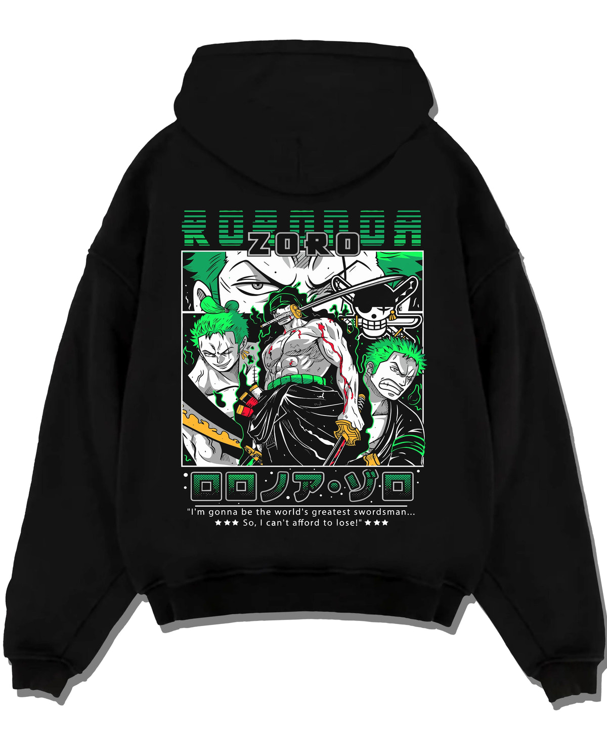 Black hoodie laid flat featuring Roronoa Zoro Santoryu three sword style One Piece artwork.