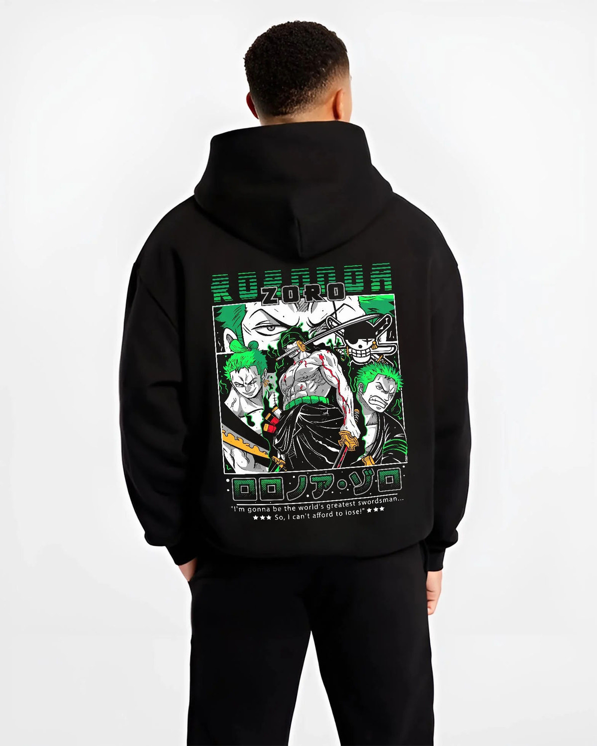 Black hoodie worn by male model from the back featuring Roronoa Zoro Santoryu three sword style One Piece artwork.