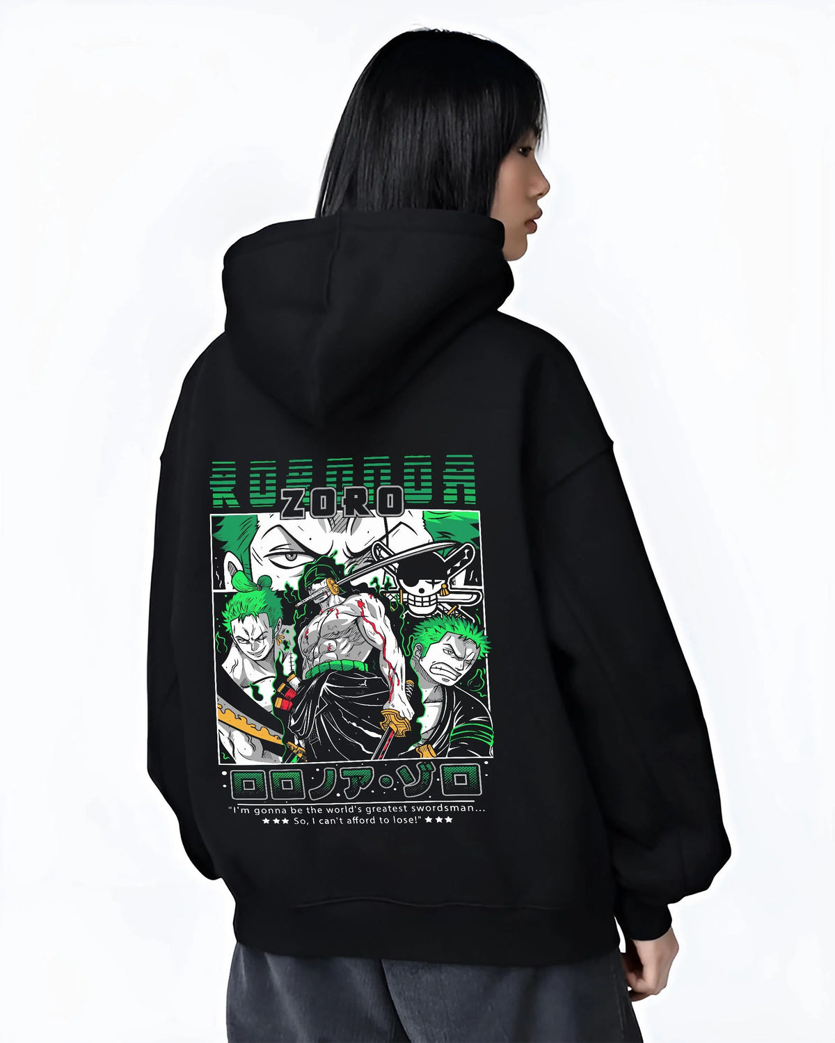 Black hoodie worn by female model from the back featuring Roronoa Zoro Santoryu three sword style One Piece artwork.