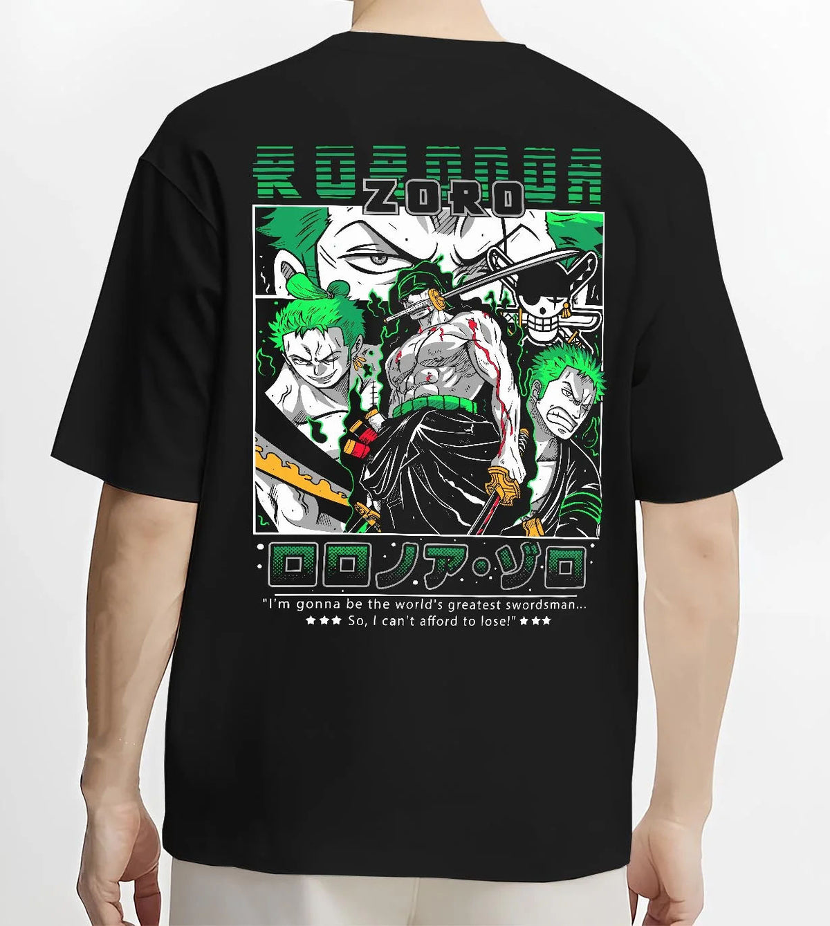 Black T-shirt worn by male model from the back featuring Roronoa Zoro Santoryu three sword style One Piece artwork.
