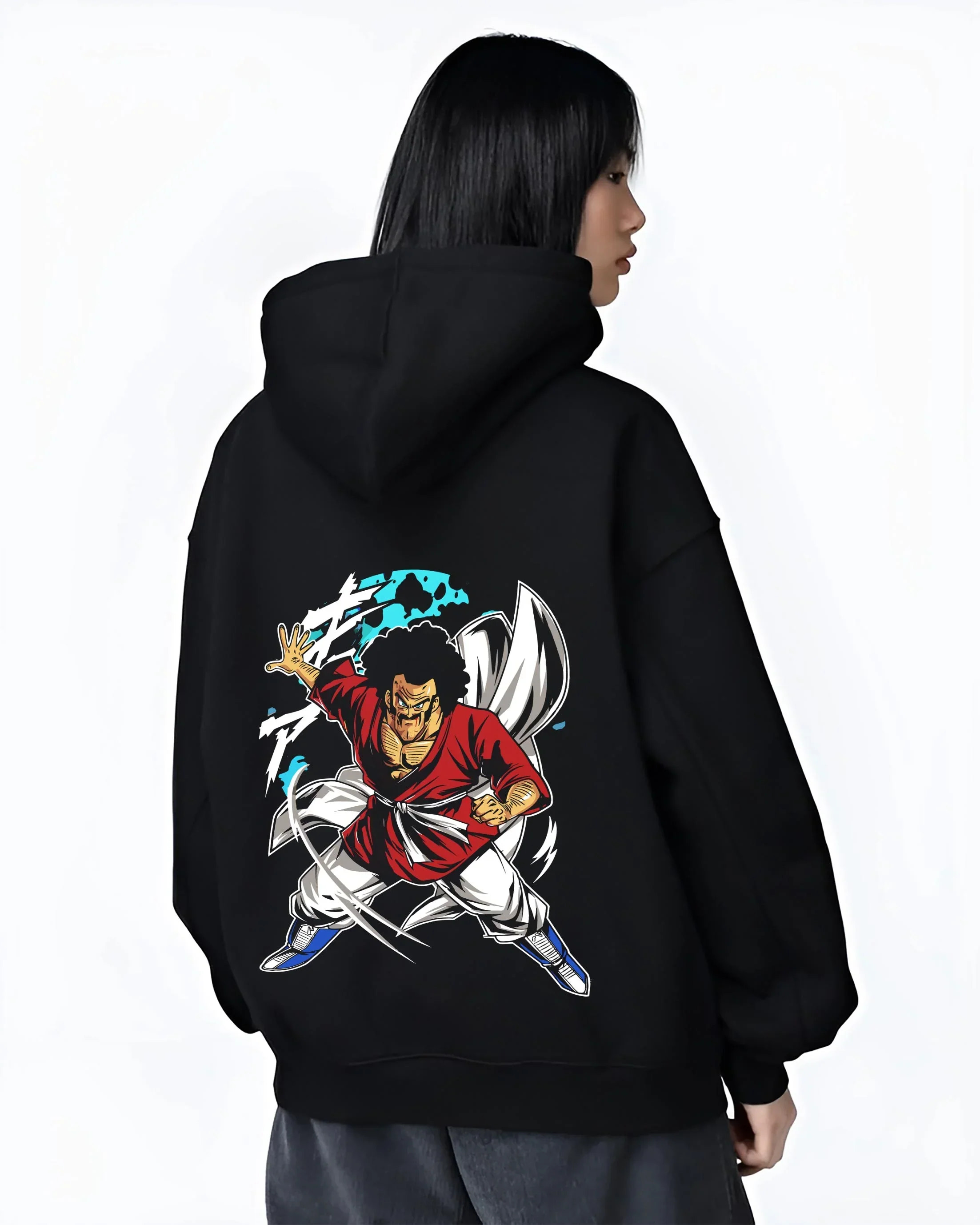 Black hoodie worn by female model, back view with Mr Satan Hoodie Dragon Ball World Martial Arts graphic bold anime graphic.