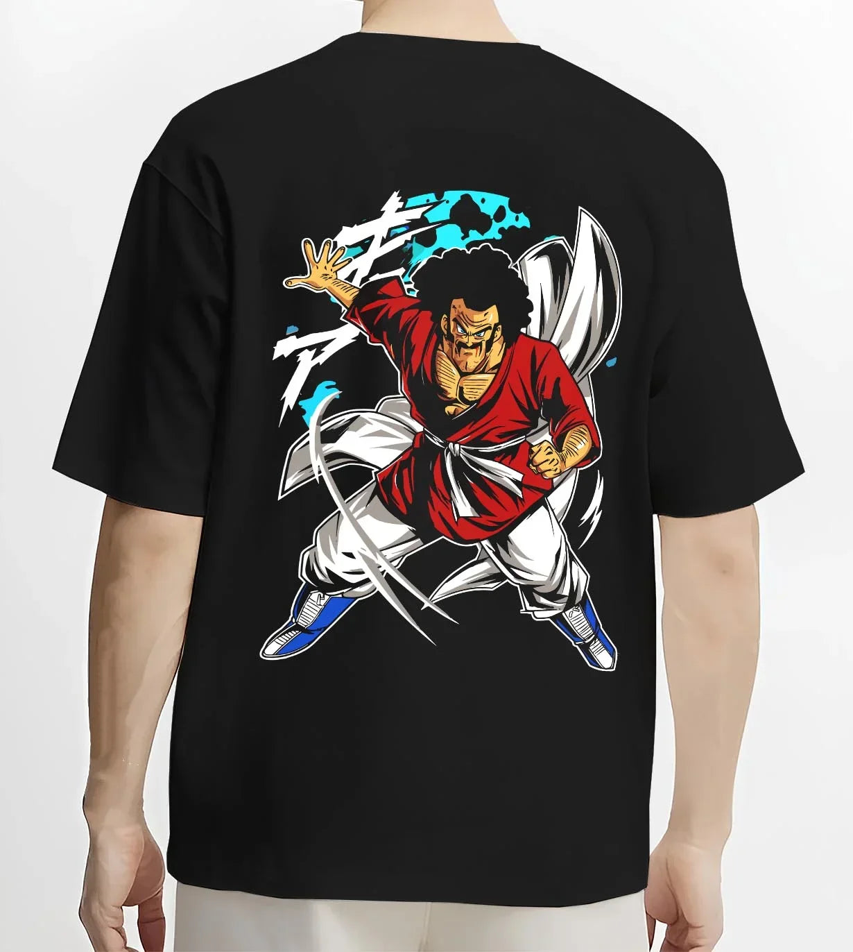 Black T-shirt worn by male model, back view with Mr Satan Hoodie Dragon Ball World Martial Arts graphic streetwear graphic.