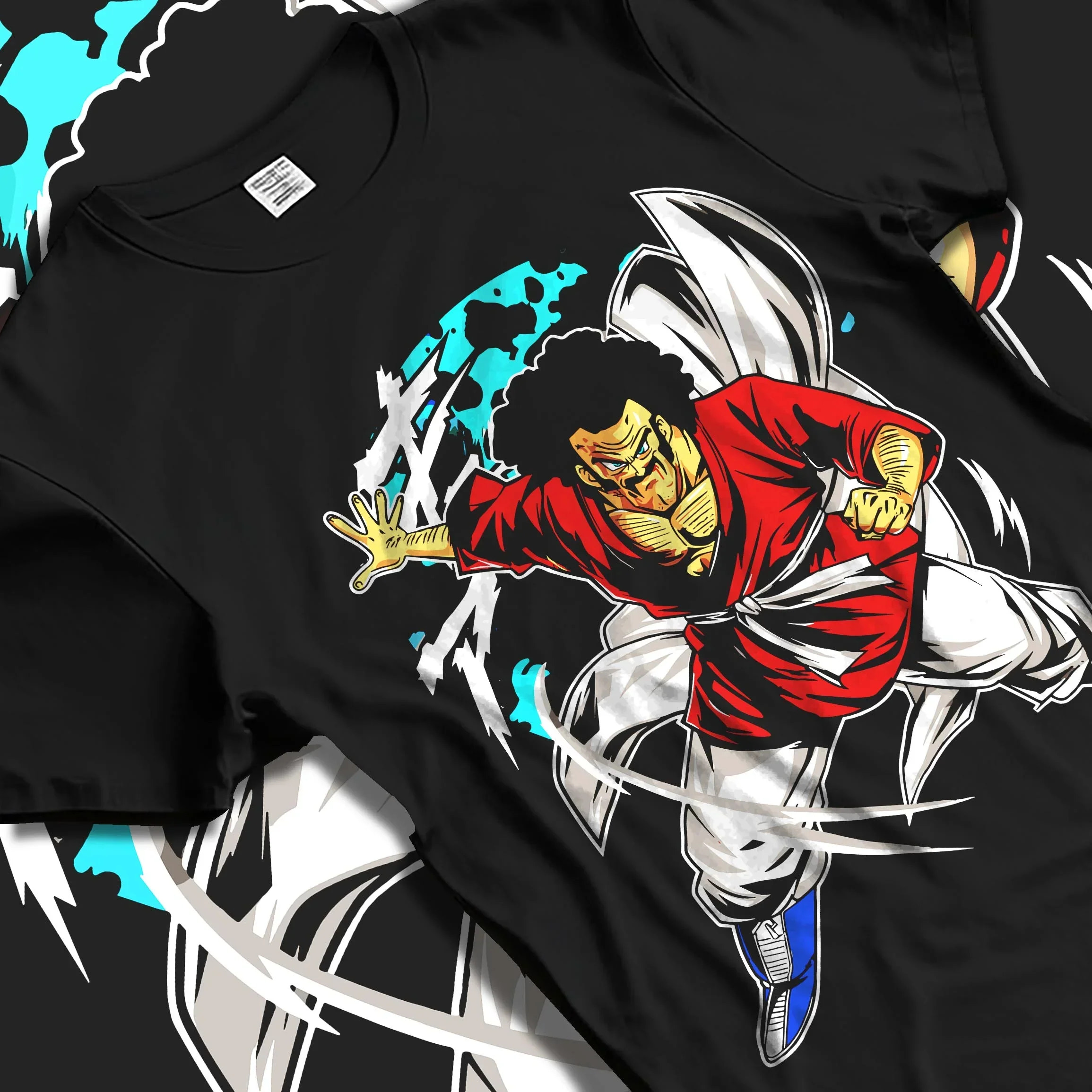 Black T-shirt laid flat with natural folds with Mr Satan Hoodie Dragon Ball World Martial Arts graphic premium wear.