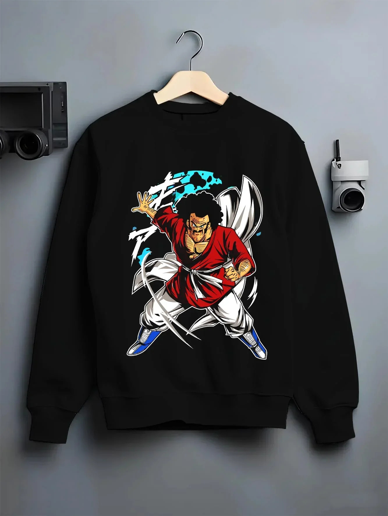 Black crewneck sweatshirt on hanger with Mr Satan Hoodie Dragon Ball World Martial Arts graphic bold anime graphic.
