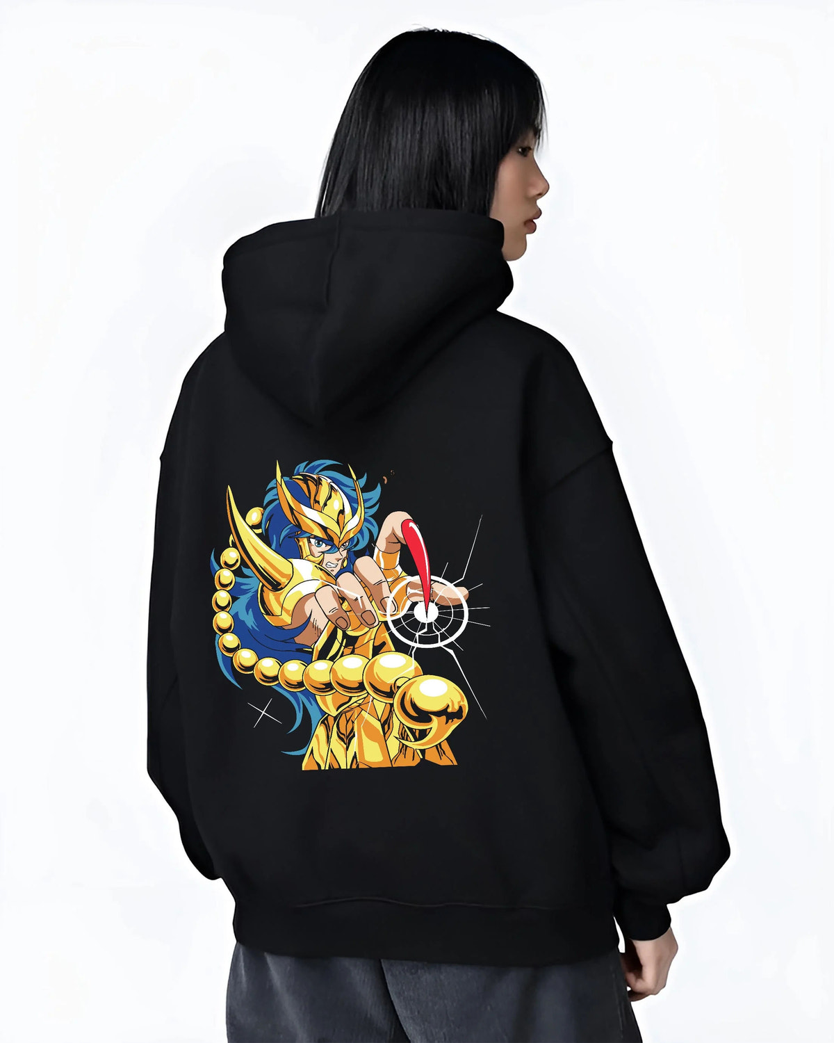 Black hoodie worn by female model from the back featuring Scorpio Milo Scarlet Needle Gold Cloth Saint Seiya artwork.