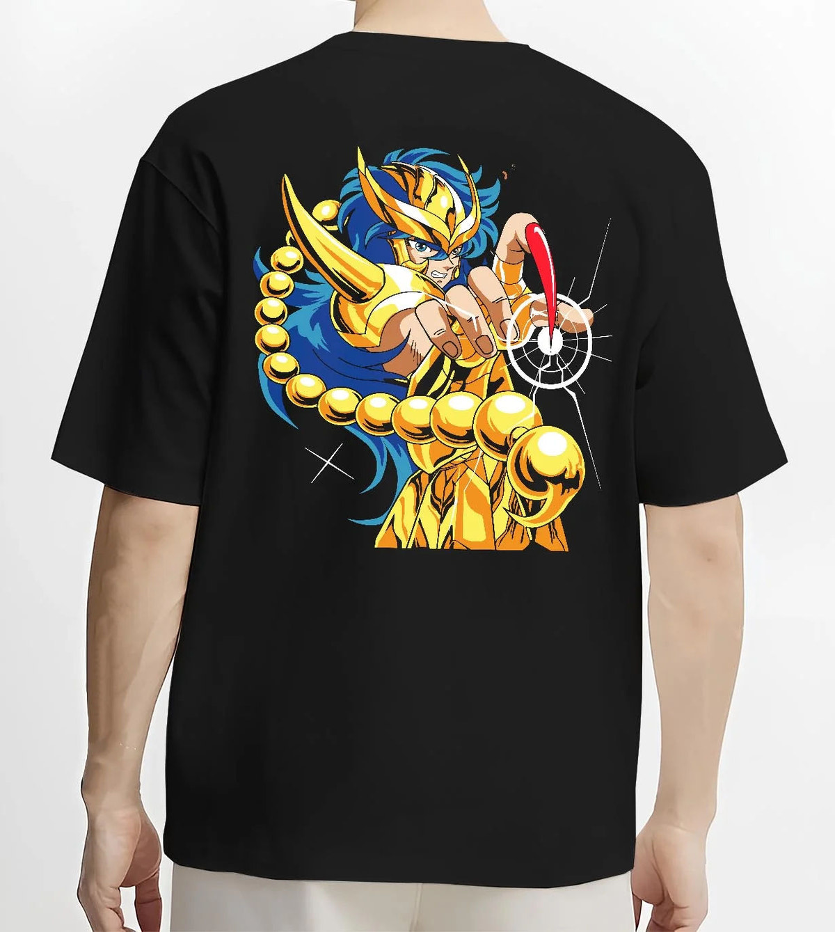 Black T-shirt worn by male model from the back featuring Scorpio Milo Scarlet Needle Gold Cloth Saint Seiya artwork.