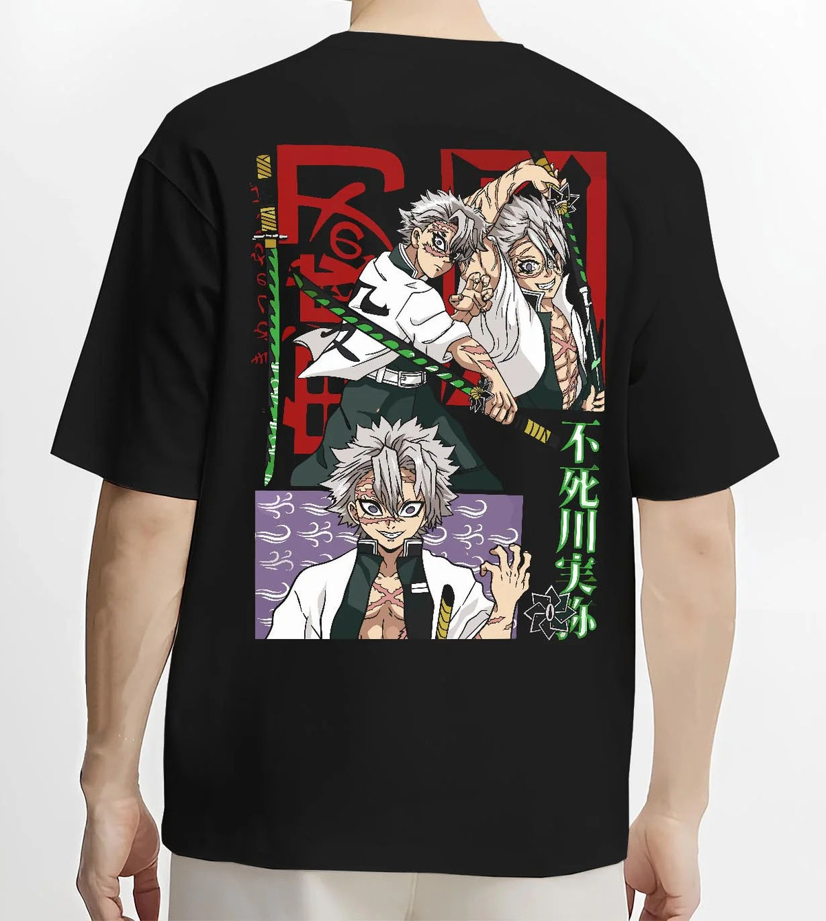 Black T-shirt worn by male model from the back featuring Sanemi Shinazugawa Wind Hashira scars Demon Slayer artwork.