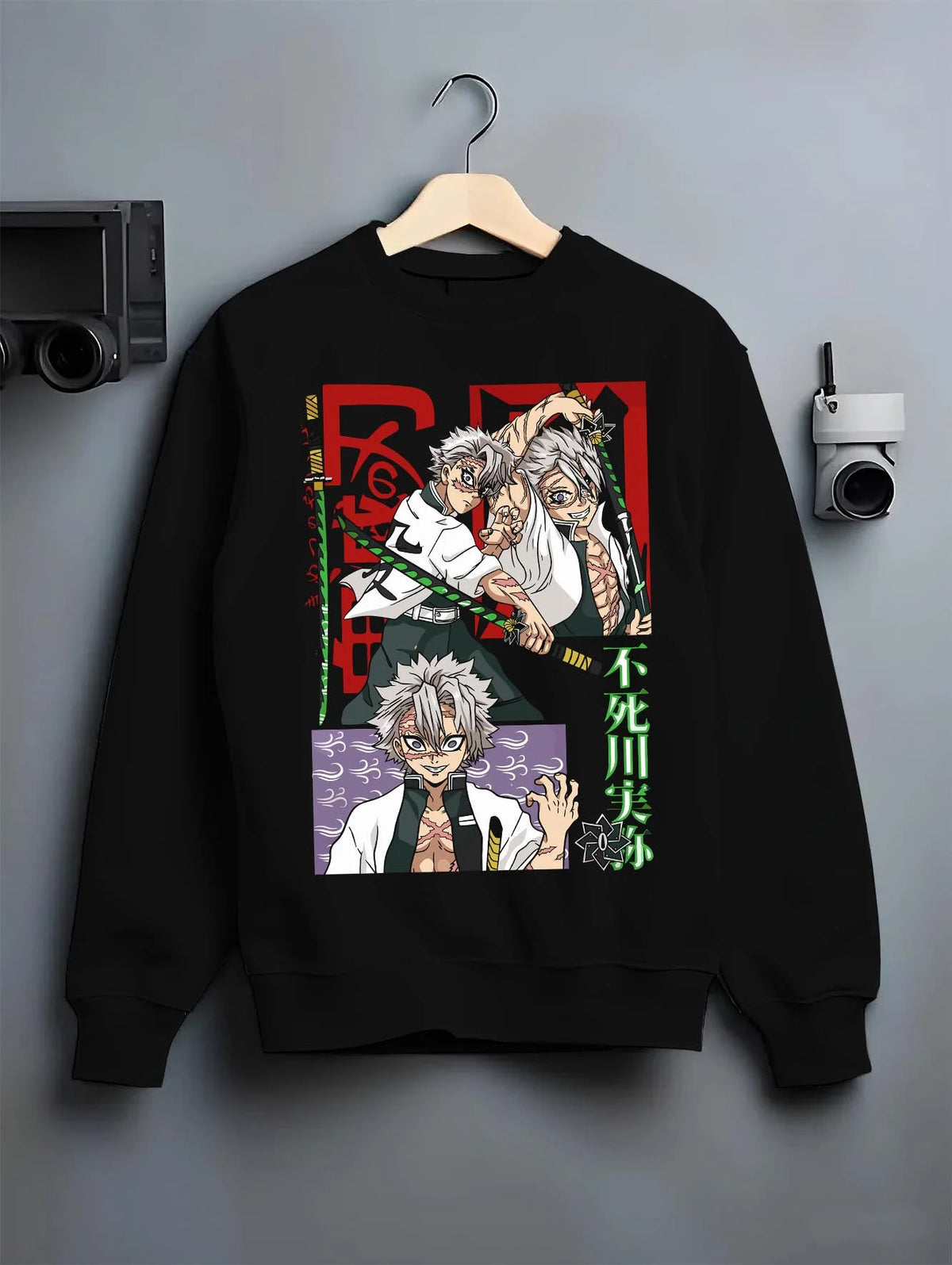 Black crewneck sweatshirt on hanger featuring Sanemi Shinazugawa Wind Hashira scars Demon Slayer artwork.