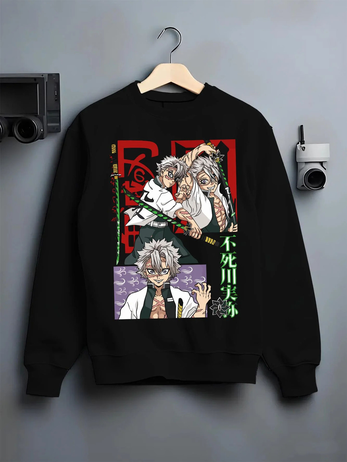 Black crewneck sweatshirt on hanger featuring Sanemi Shinazugawa Wind Hashira scars Demon Slayer artwork.