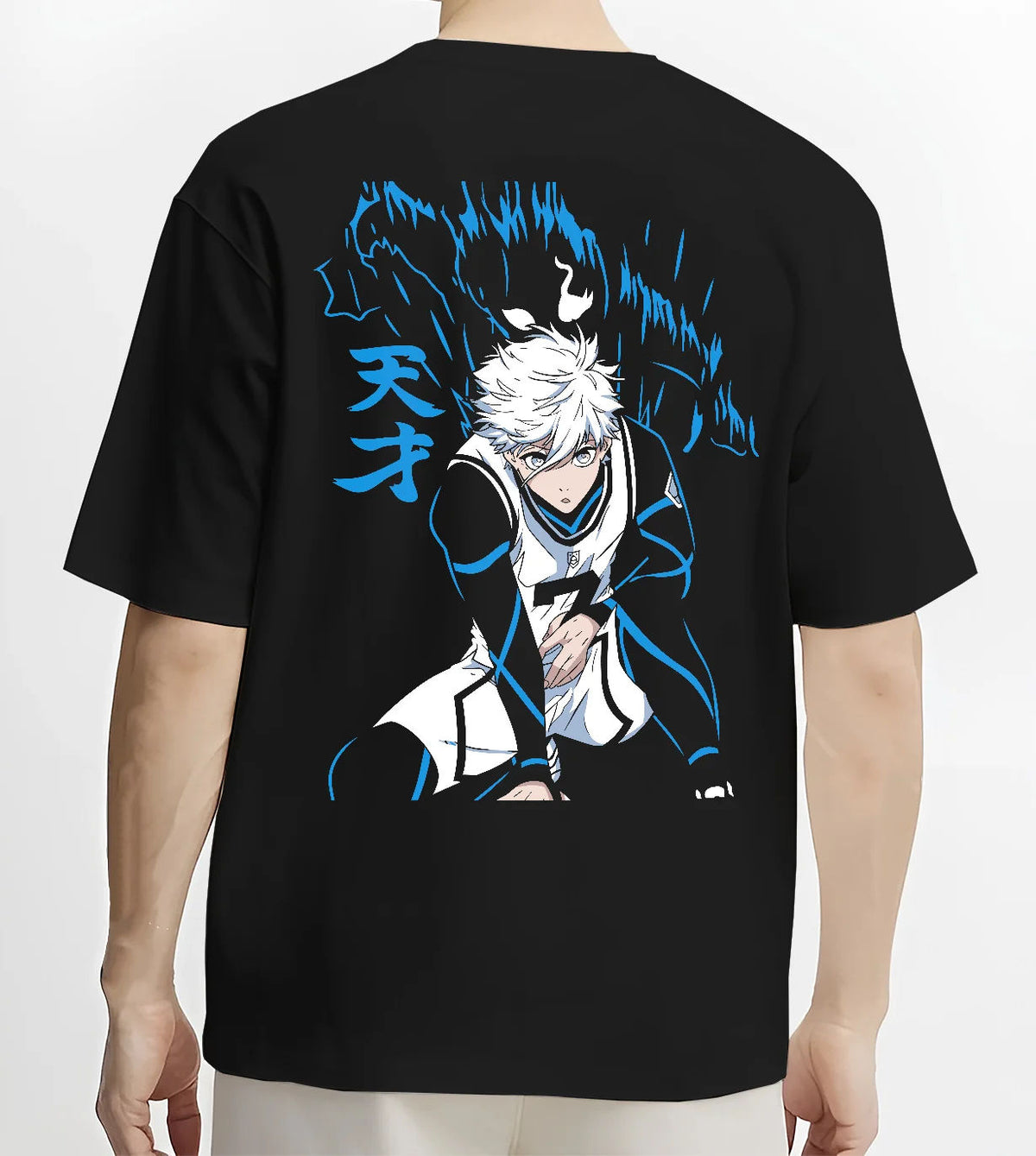 Black T-shirt model back view showing Seishiro Nagi from Blue Lock: Blue Lock football