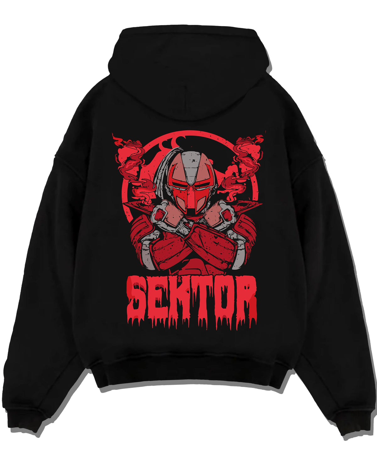 Black hoodie laid flat featuring Sektor cyber ninja missile battle Mortal Kombat artwork.