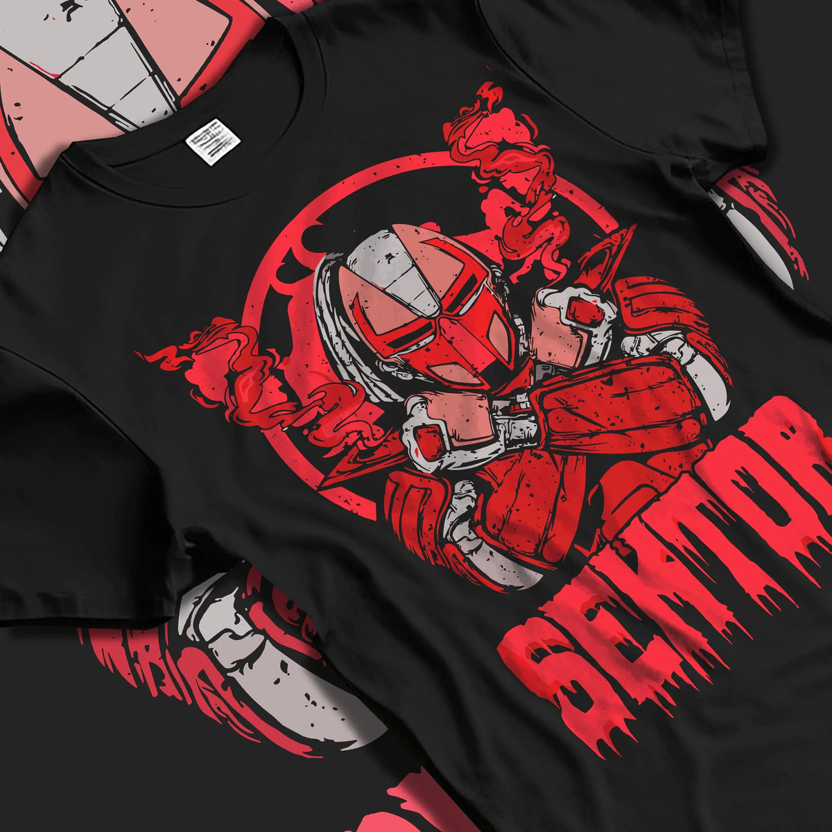 Black T-shirt laid flat with natural folds featuring Sektor cyber ninja missile battle Mortal Kombat artwork.