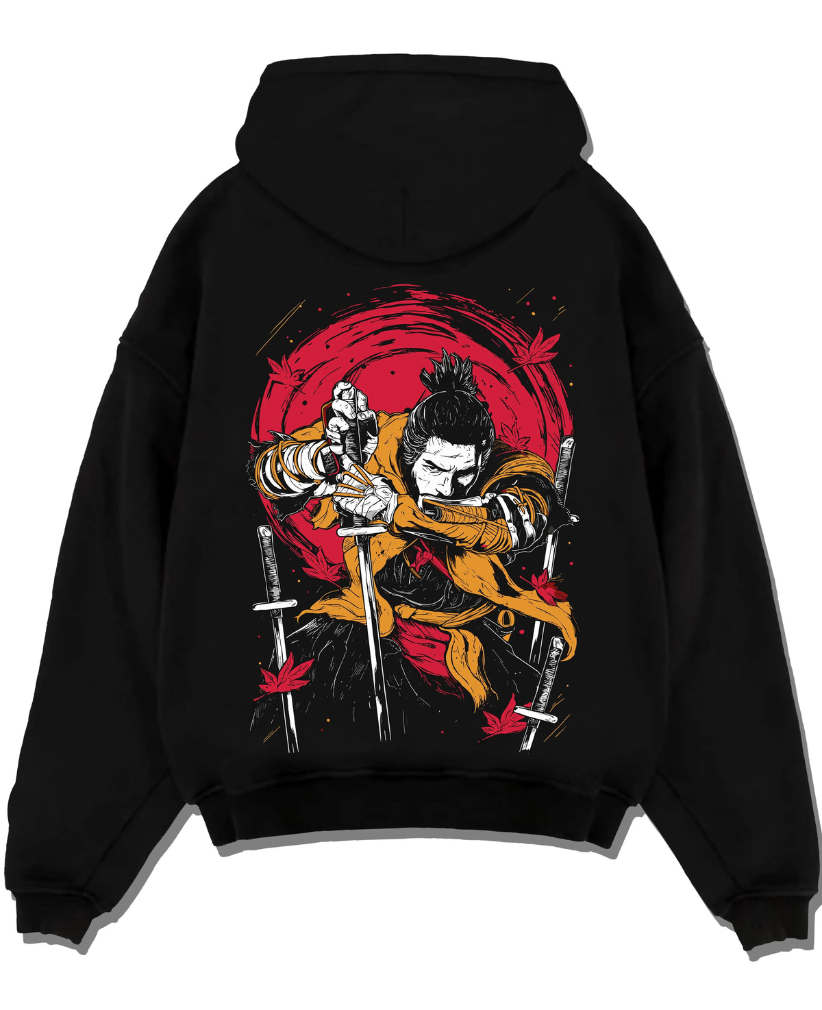 Black hoodie laid flat featuring Wolf shinobi sword battle Sekiro: Shadows Die Twice artwork.