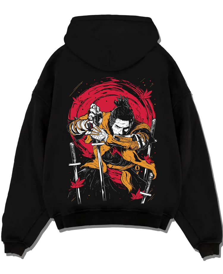 Black hoodie laid flat featuring Wolf shinobi sword battle Sekiro: Shadows Die Twice artwork.
