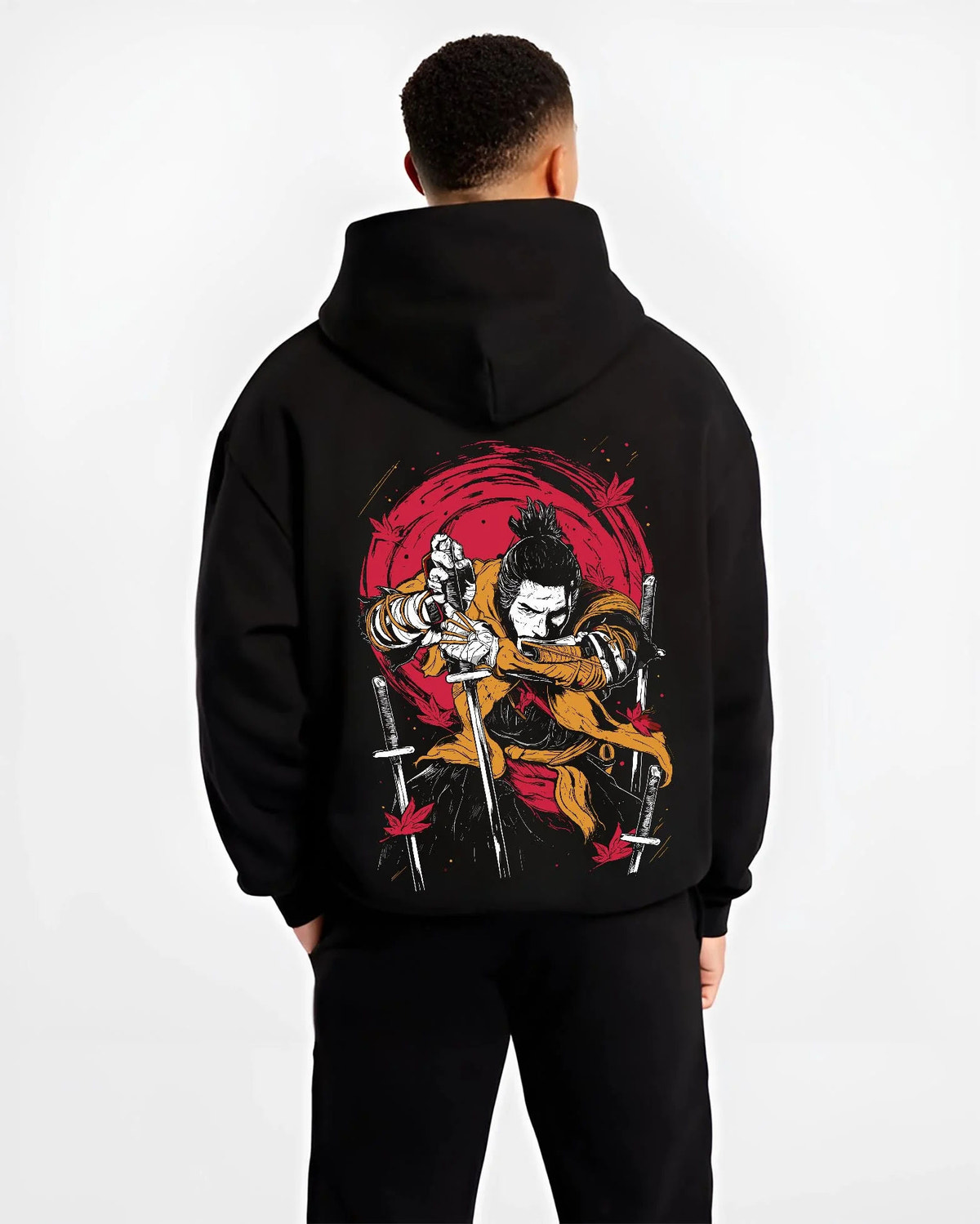 Black hoodie worn by male model from the back featuring Wolf shinobi sword battle Sekiro: Shadows Die Twice artwork.