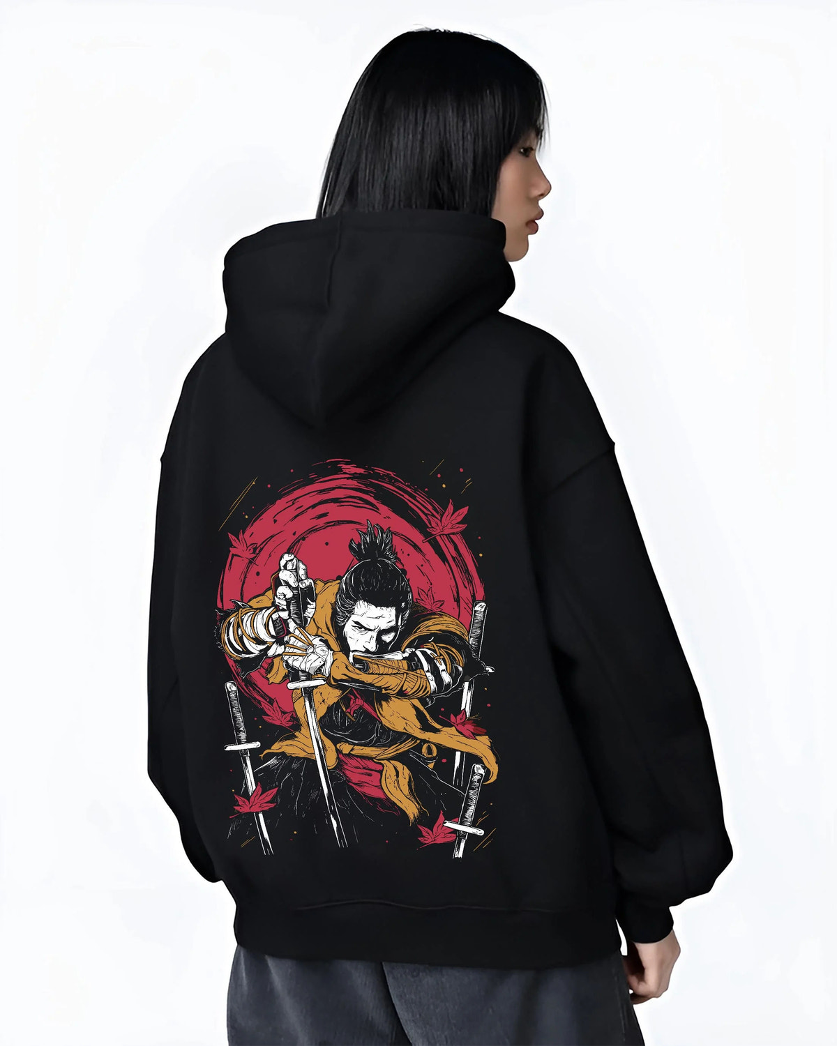 Black hoodie worn by female model from the back featuring Wolf shinobi sword battle Sekiro: Shadows Die Twice artwork.