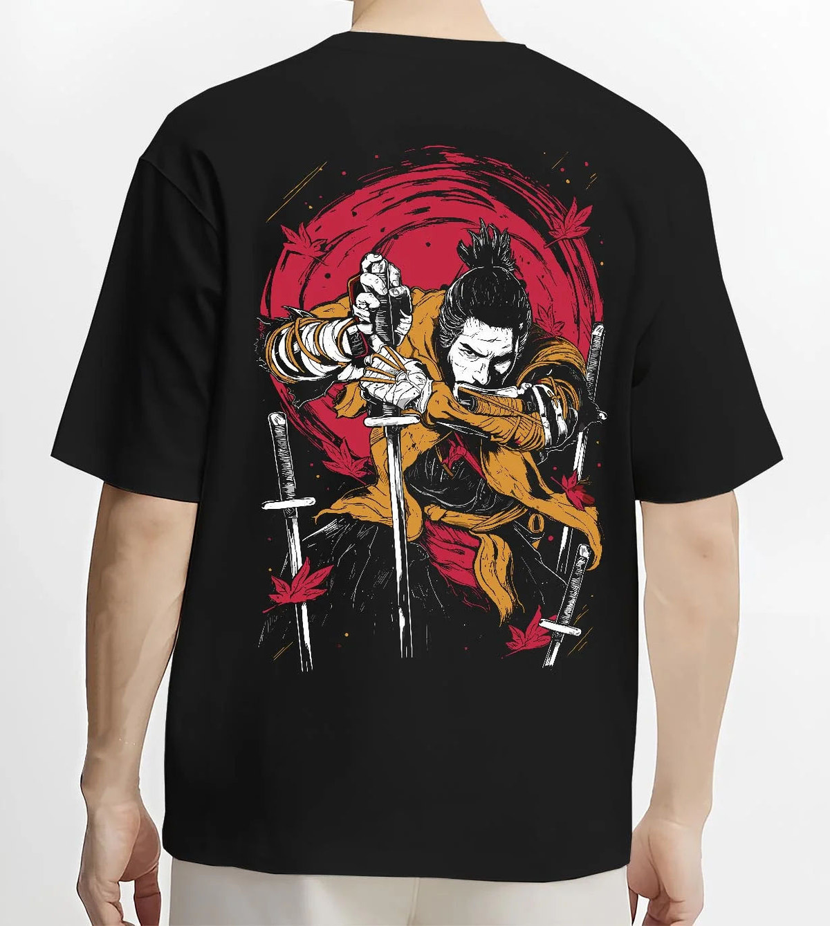 Black T-shirt worn by male model from the back featuring Wolf shinobi sword battle Sekiro: Shadows Die Twice artwork.