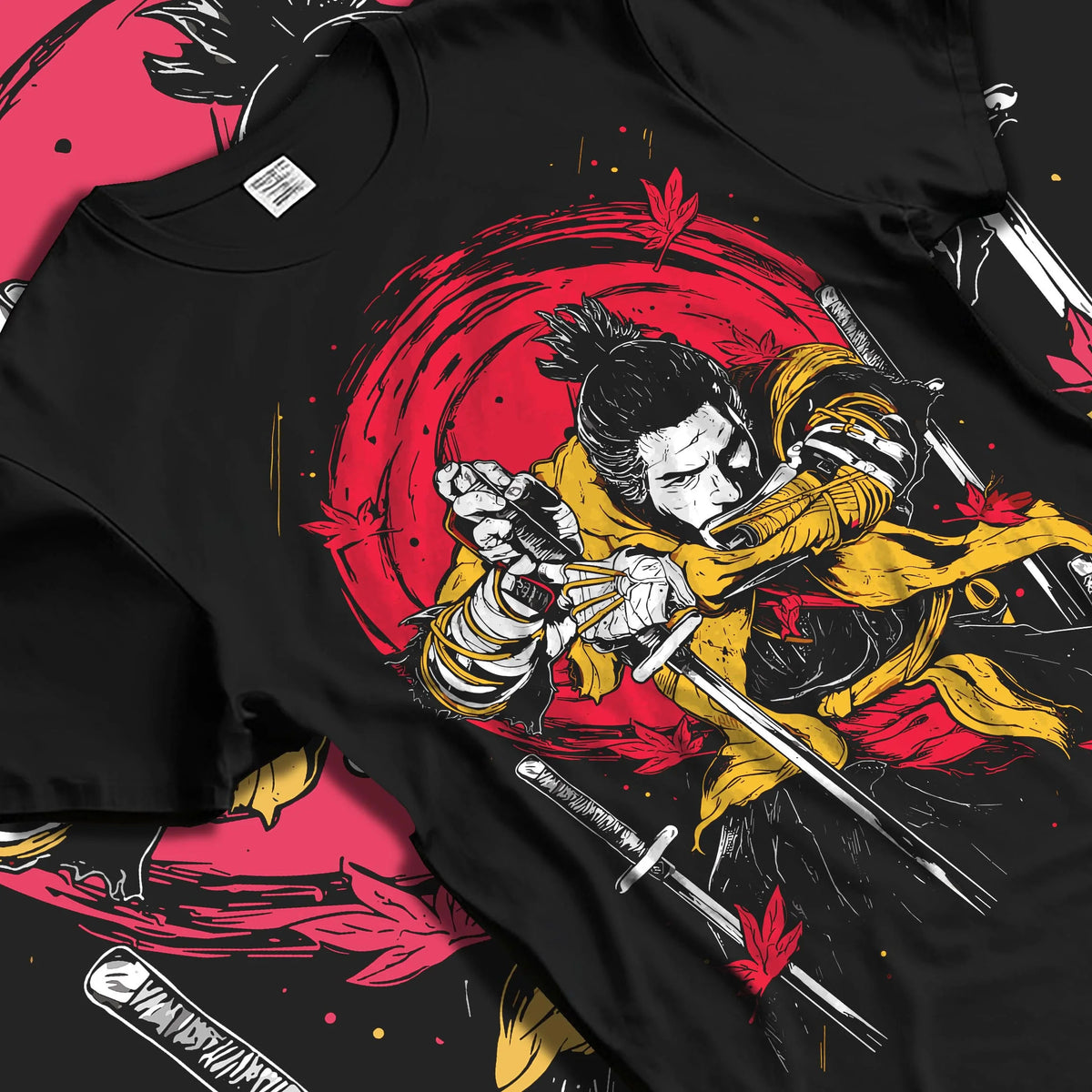 Black T-shirt laid flat with natural folds featuring Wolf shinobi sword battle Sekiro: Shadows Die Twice artwork.
