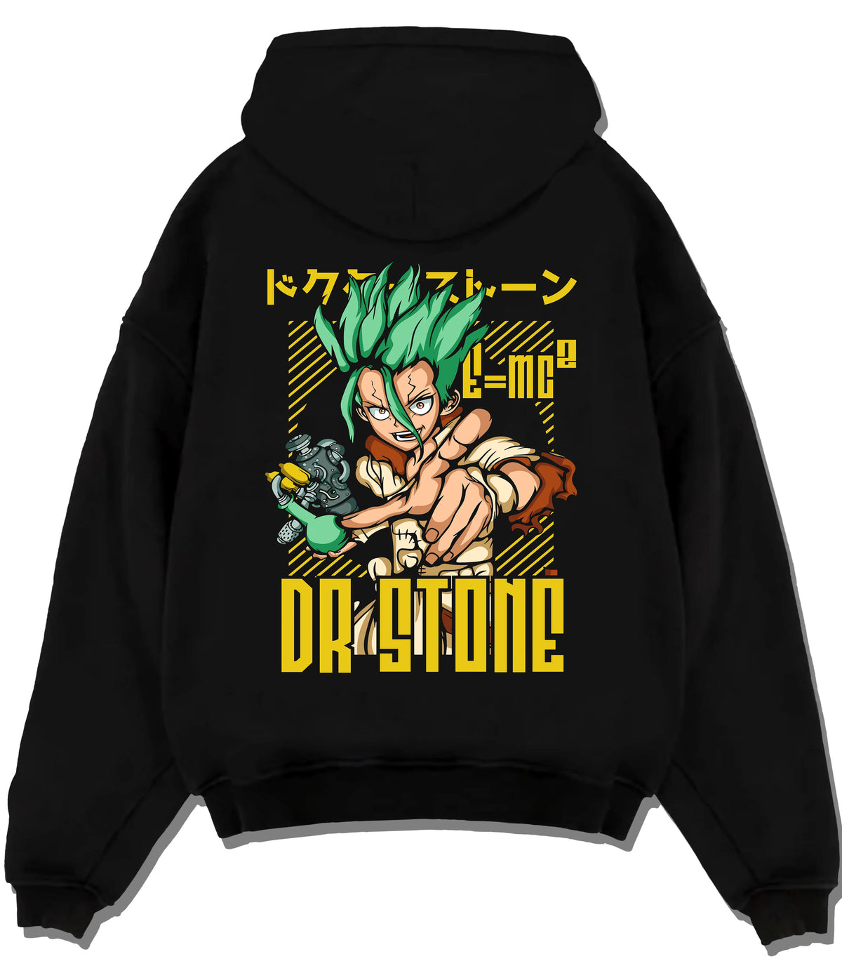 Black hoodie flat back view showing Senku Ishigami from Dr Stone: electric green illustration
