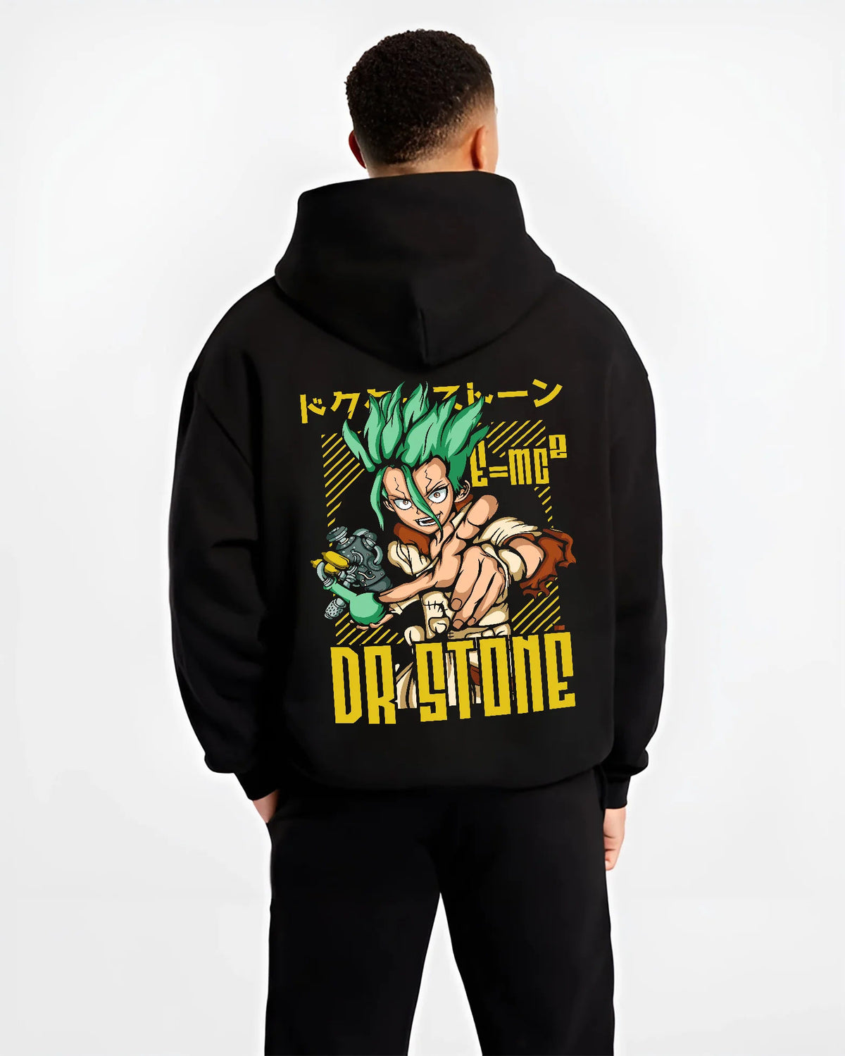 Black hoodie model back view showing Senku Ishigami from Dr Stone: electric green illustration