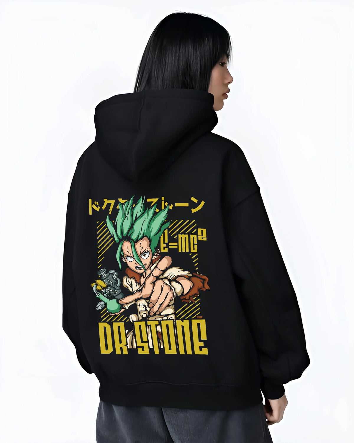 Black hoodie female model back view showing Senku Ishigami from Dr Stone: electric green illustration