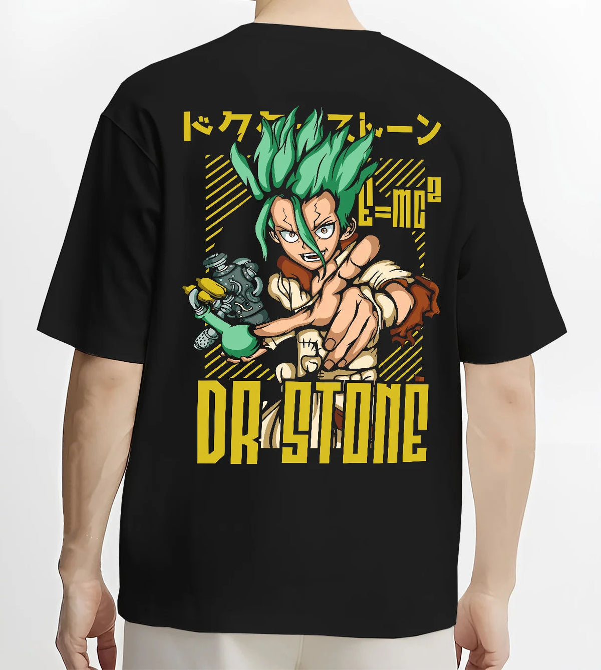 Black T-shirt model back view showing Senku Ishigami from Dr Stone: electric green illustration