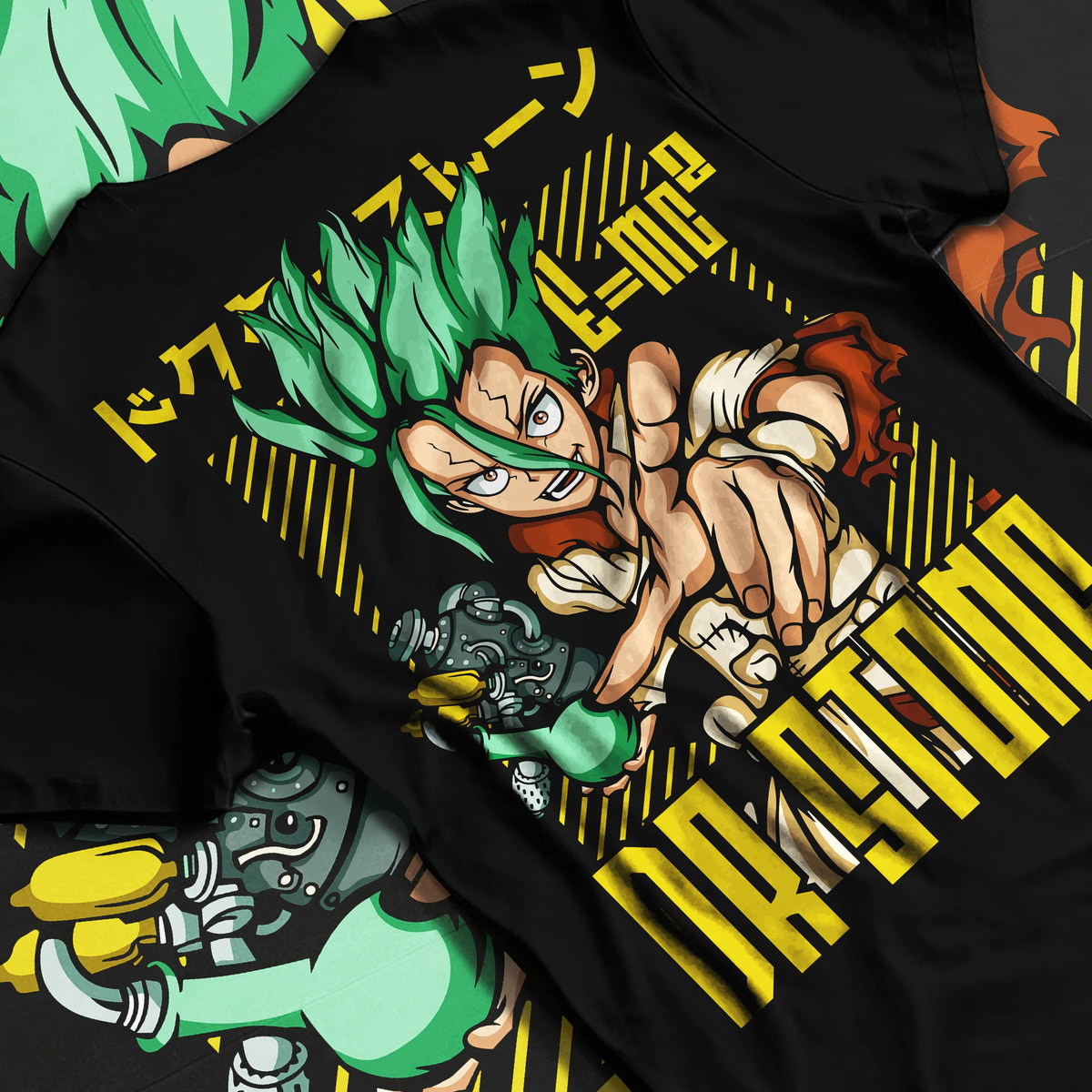 Black T-shirt flat back view showing Senku Ishigami from Dr Stone: electric green illustration