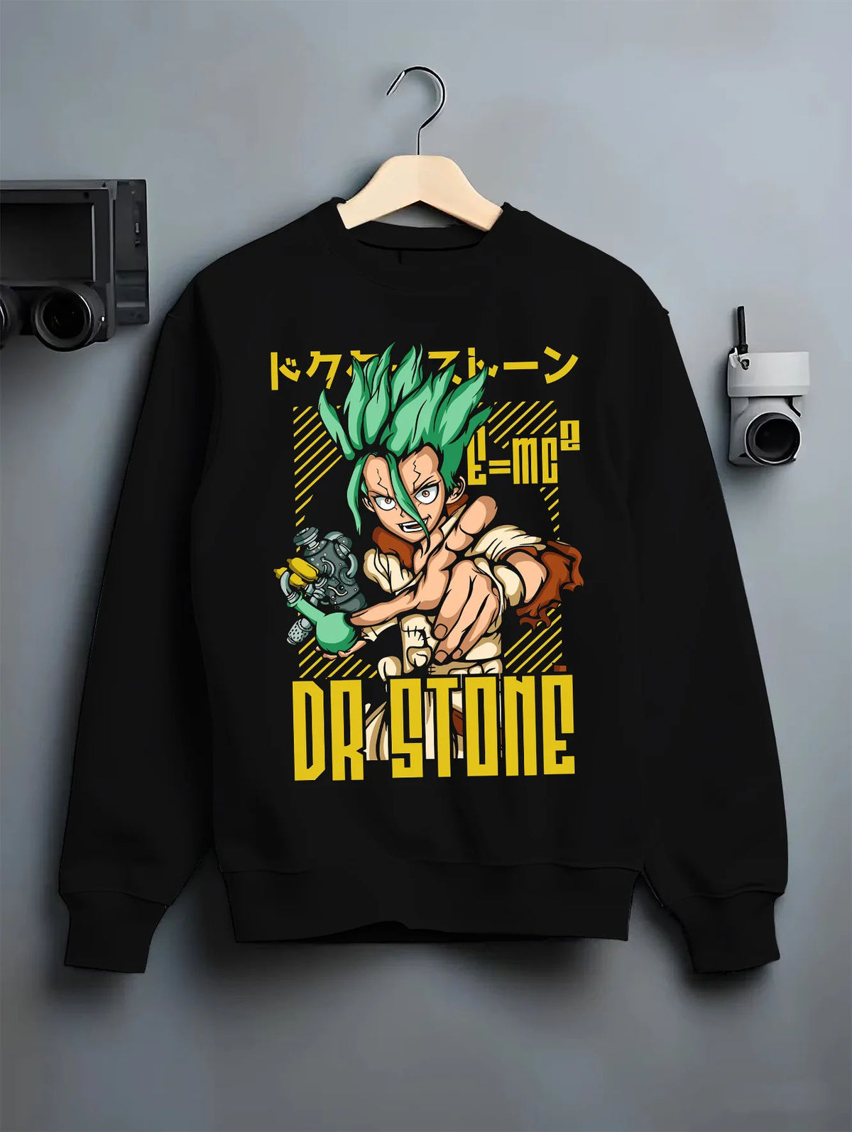 Black crewneck sweatshirt on hanger showing Senku Ishigami from Dr Stone: electric green illustration