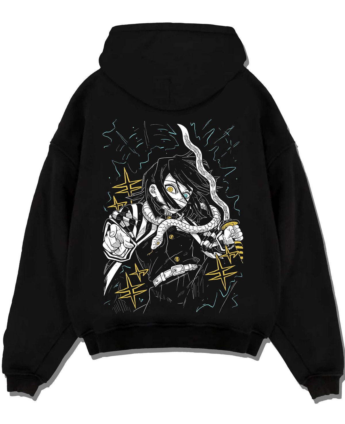 Black hoodie laid flat featuring Obanai Iguro Serpent Hashira sword Demon Slayer artwork.