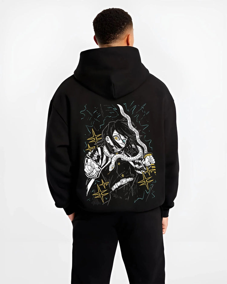 Black hoodie worn by male model from the back featuring Obanai Iguro Serpent Hashira sword Demon Slayer artwork.