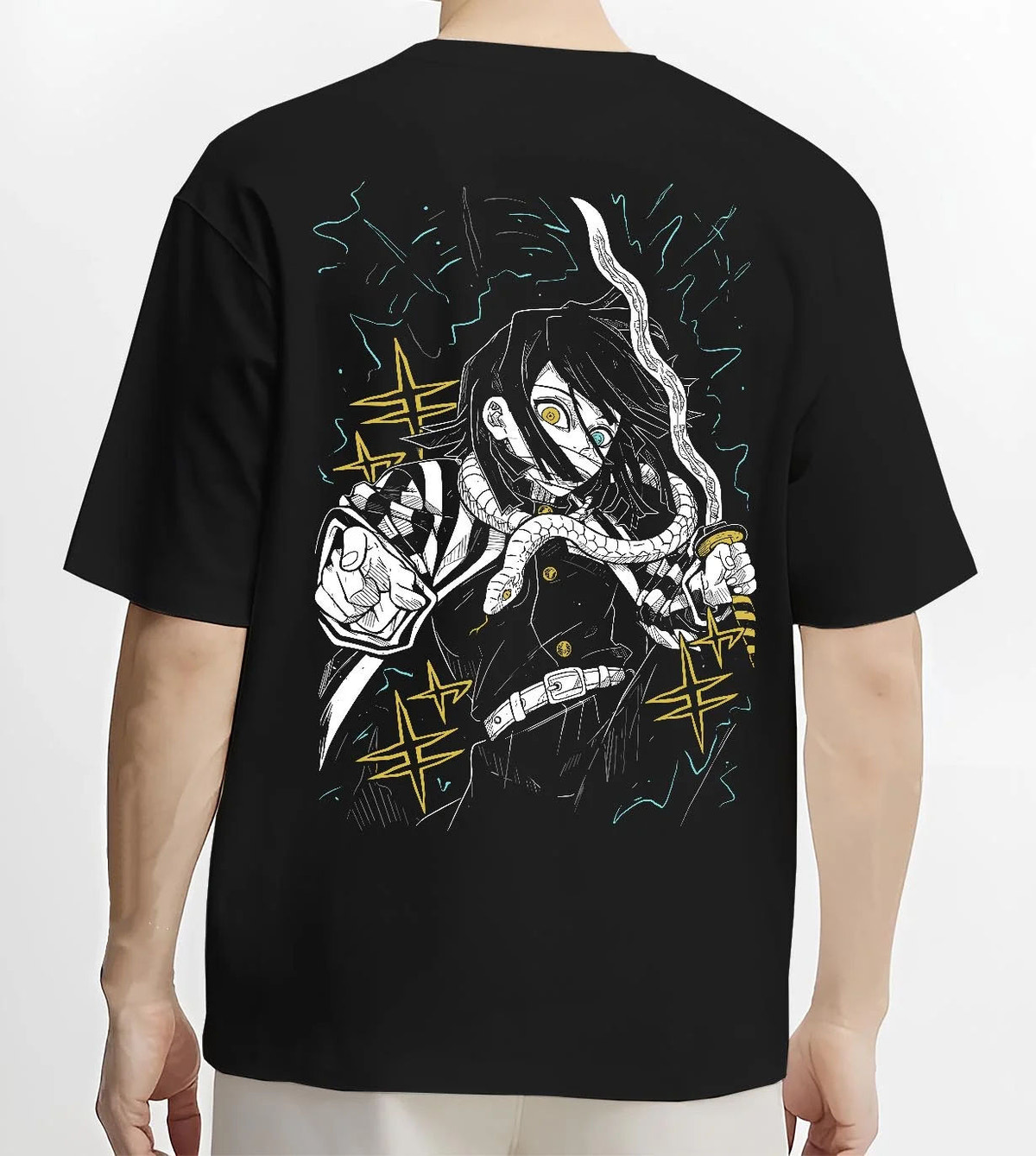 Black T-shirt worn by male model from the back featuring Obanai Iguro Serpent Hashira sword Demon Slayer artwork.