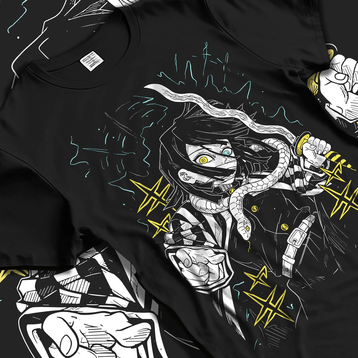 Black T-shirt laid flat with natural folds featuring Obanai Iguro Serpent Hashira sword Demon Slayer artwork.