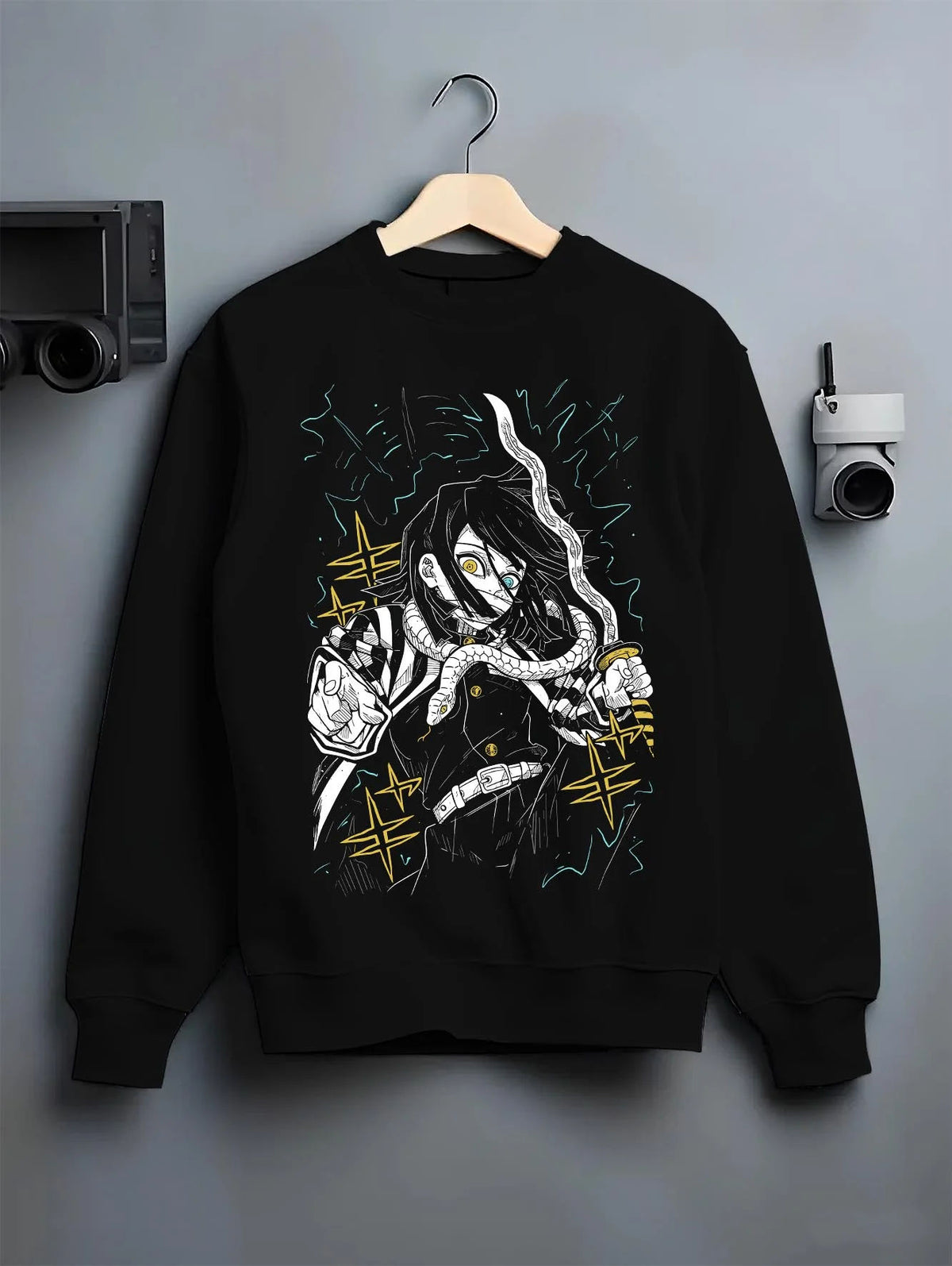 Black crewneck sweatshirt on hanger featuring Obanai Iguro Serpent Hashira sword Demon Slayer artwork.