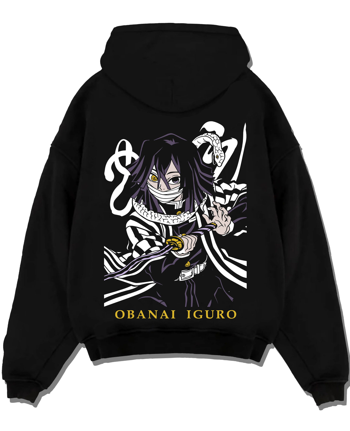Black hoodie laid flat featuring Obanai Iguro Serpent Breathing snake Demon Slayer artwork.