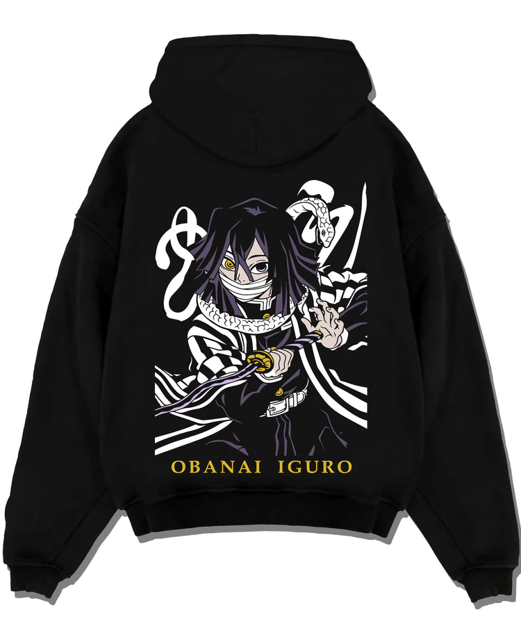 Black hoodie laid flat featuring Obanai Iguro Serpent Breathing snake Demon Slayer artwork.