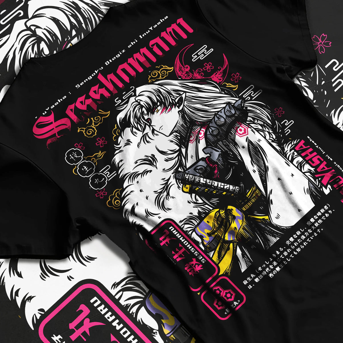 Black T-shirt flat back view showing Sesshomaru from Inuyasha: aristocratic demon