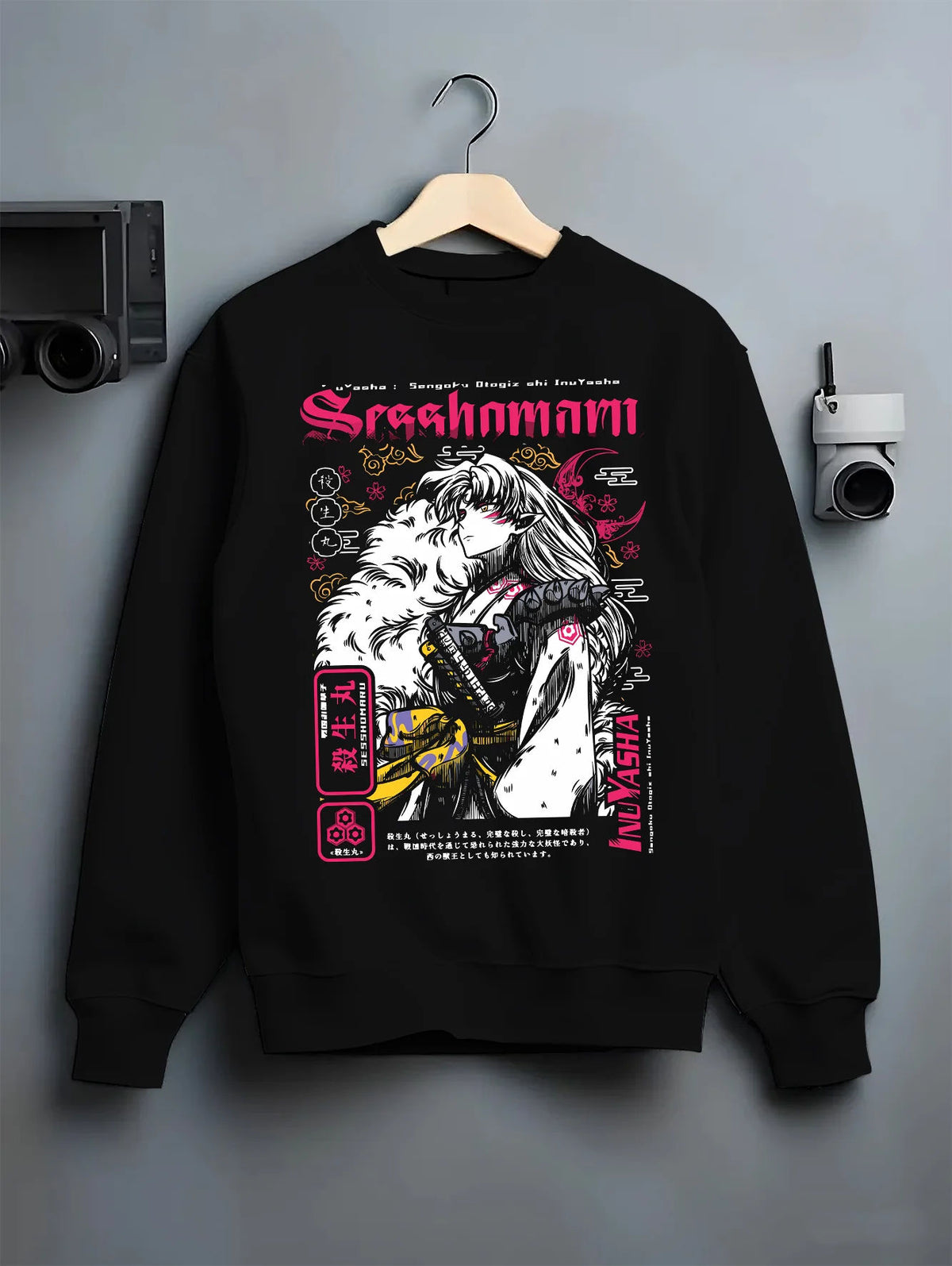 Black crewneck sweatshirt on hanger showing Sesshomaru from Inuyasha: aristocratic demon