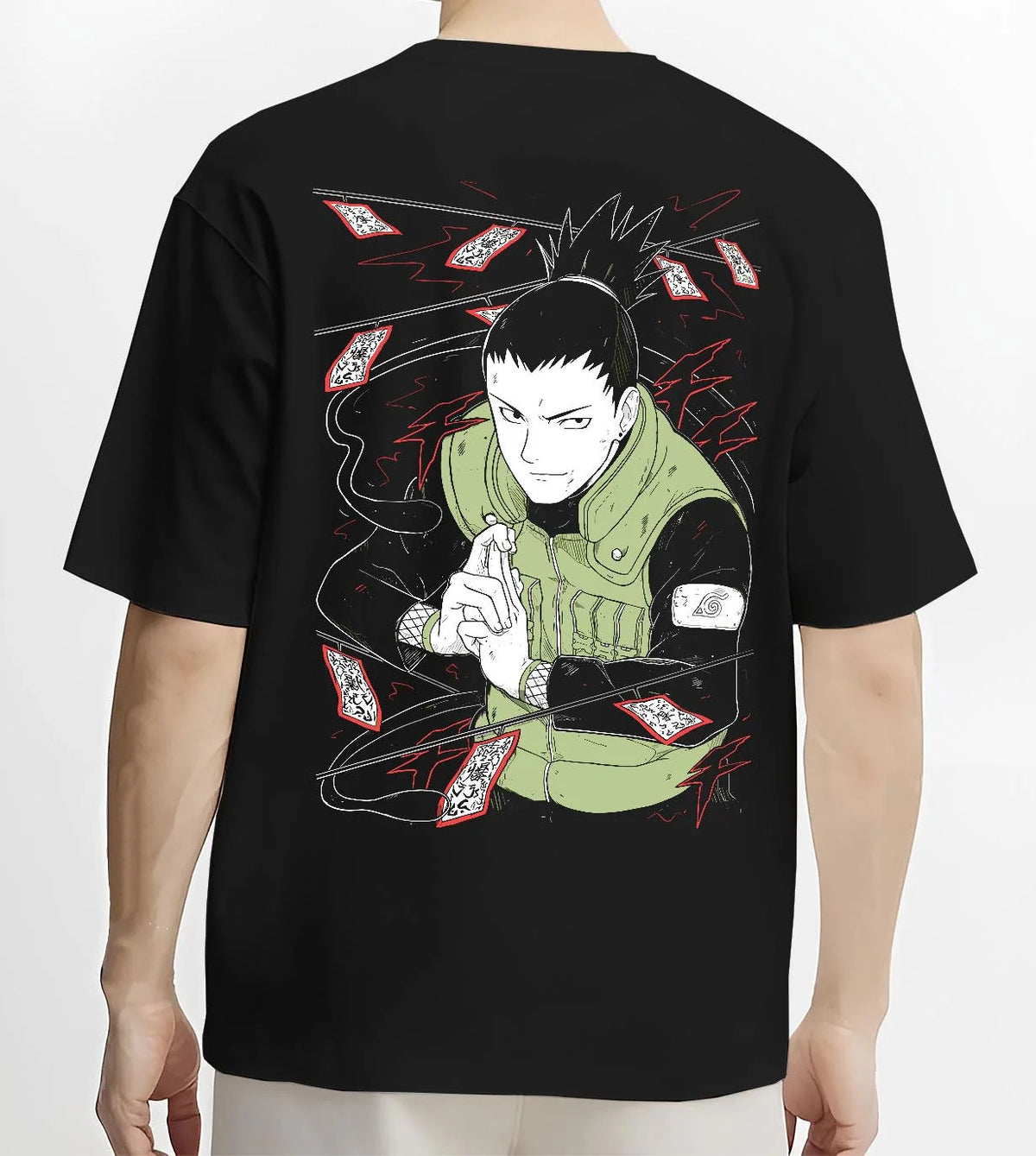 Black T-shirt worn by male model from the back featuring Shikamaru Nara Shadow Possession Jutsu Naruto artwork.