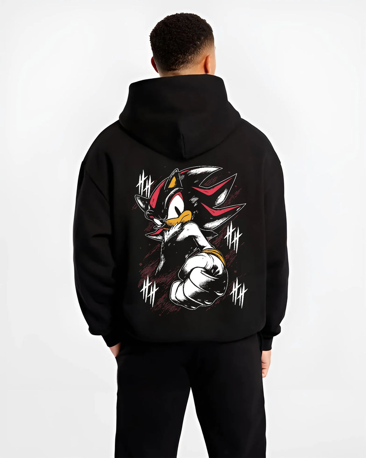 Black hoodie model back view showing Shadow the Hedgehog from Sonic the Hedgehog: Sonic
